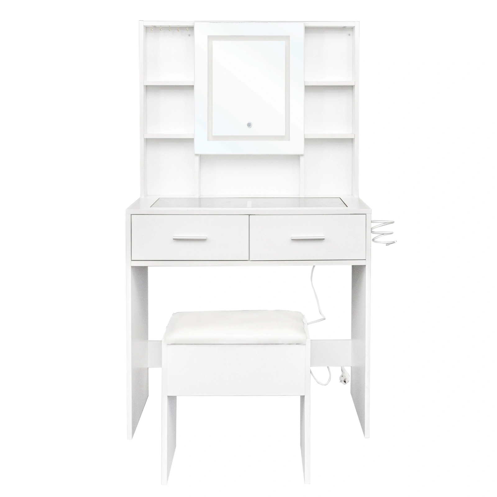 White Dressing Table Set with LED Three-Color Dimming Touch Mirror, 2 Drawers, 4 Shelves, Hair Dryer Holder, Power Strip, Glass Top view 2