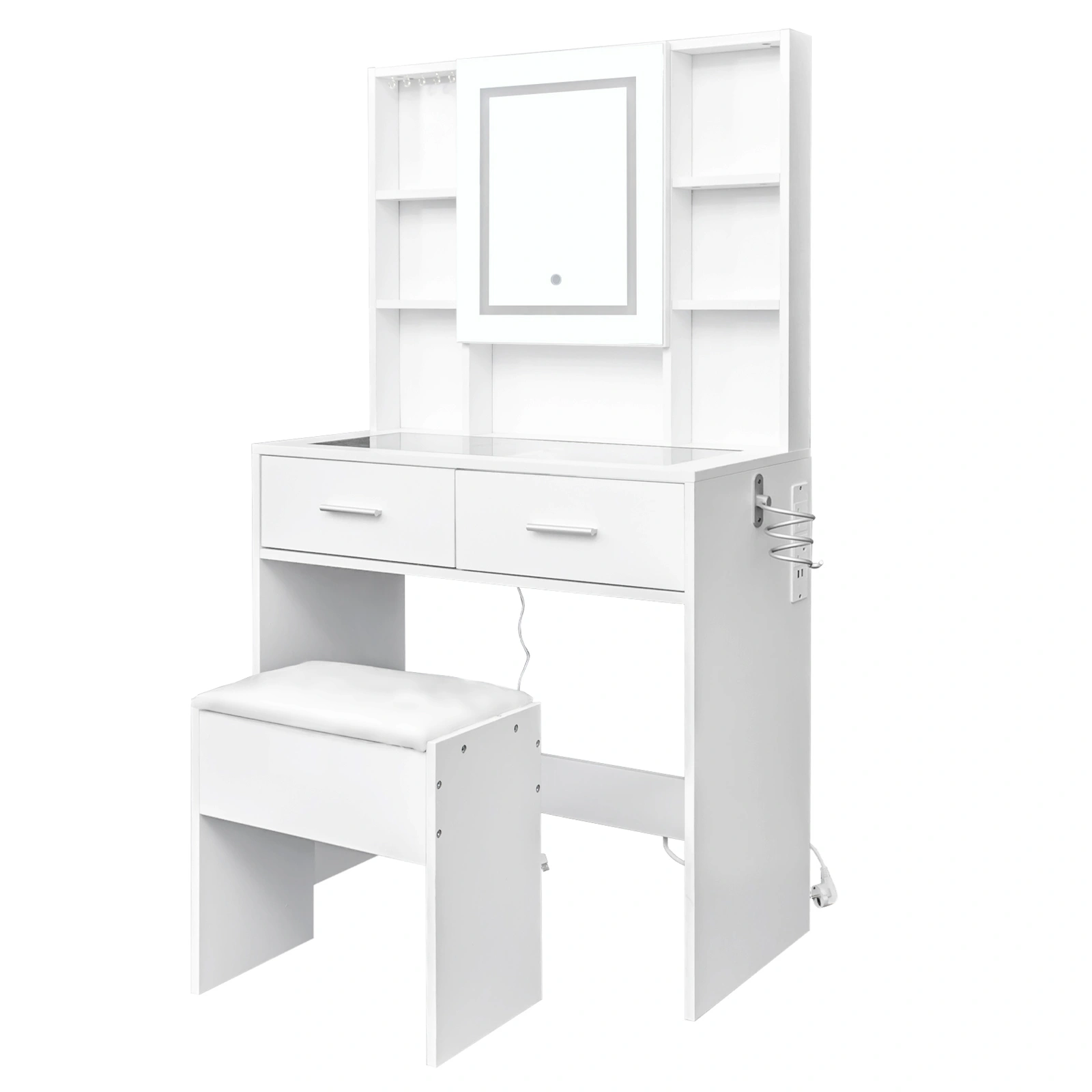 White Dressing Table Set with LED Three-Color Dimming Touch Mirror, 2 Drawers, 4 Shelves, Hair Dryer Holder, Power Strip, Glass Top view 3