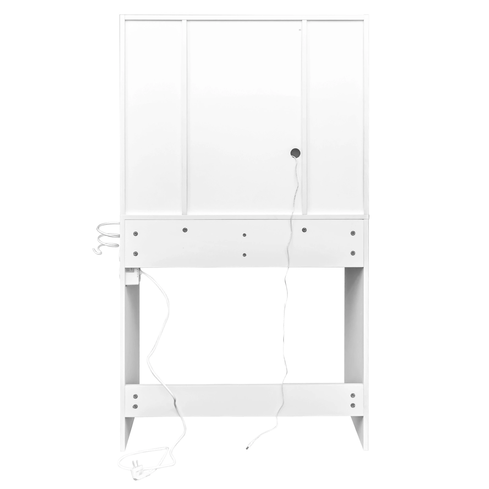 White Dressing Table Set with LED Three-Color Dimming Touch Mirror, 2 Drawers, 4 Shelves, Hair Dryer Holder, Power Strip, Glass Top view 4