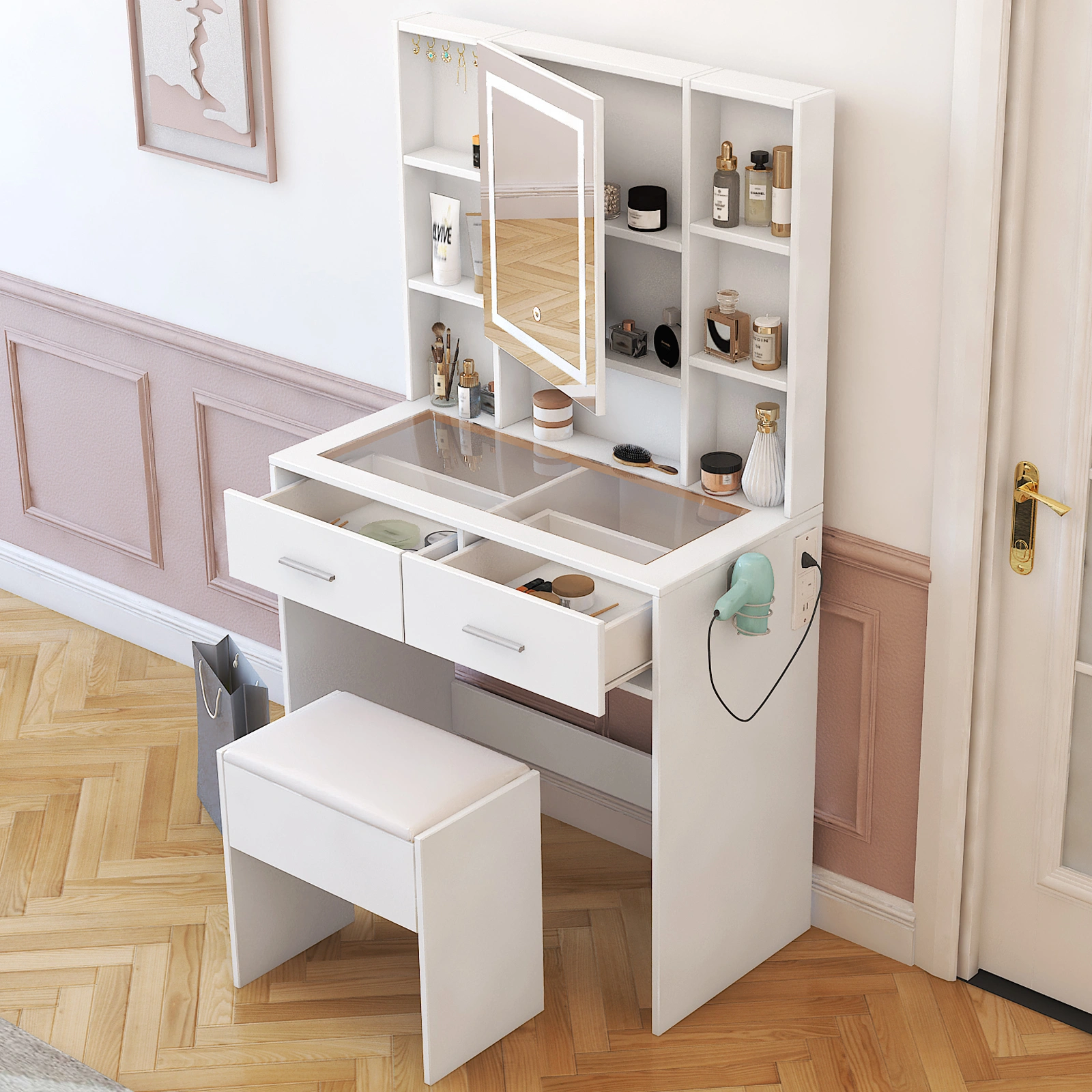 White Dressing Table Set with LED Three-Color Dimming Touch Mirror, 2 Drawers, 4 Shelves, Hair Dryer Holder, Power Strip, Glass Top view 5
