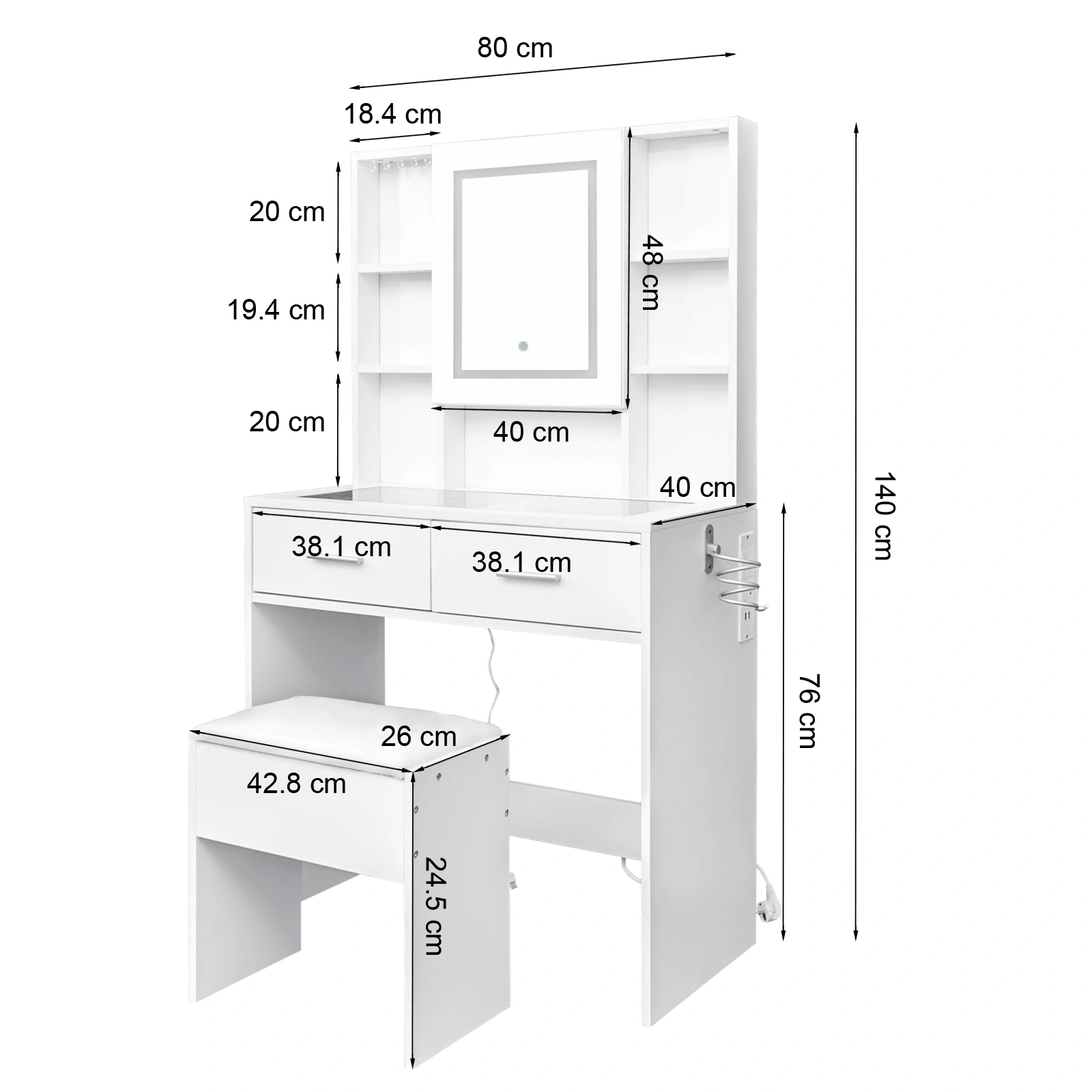 White Dressing Table Set with LED Three-Color Dimming Touch Mirror, 2 Drawers, 4 Shelves, Hair Dryer Holder, Power Strip, Glass Top view 6