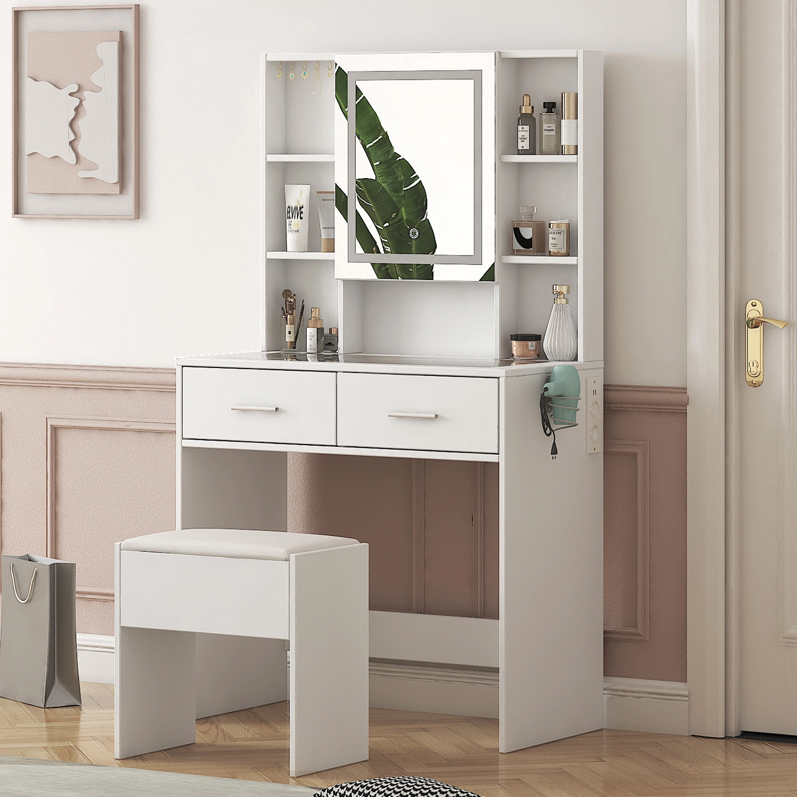 White Dressing Table Set with LED Three-Color Dimming Touch Mirror, 2 Drawers, 4 Shelves, Hair Dryer Holder, Power Strip, Glass Top view 8