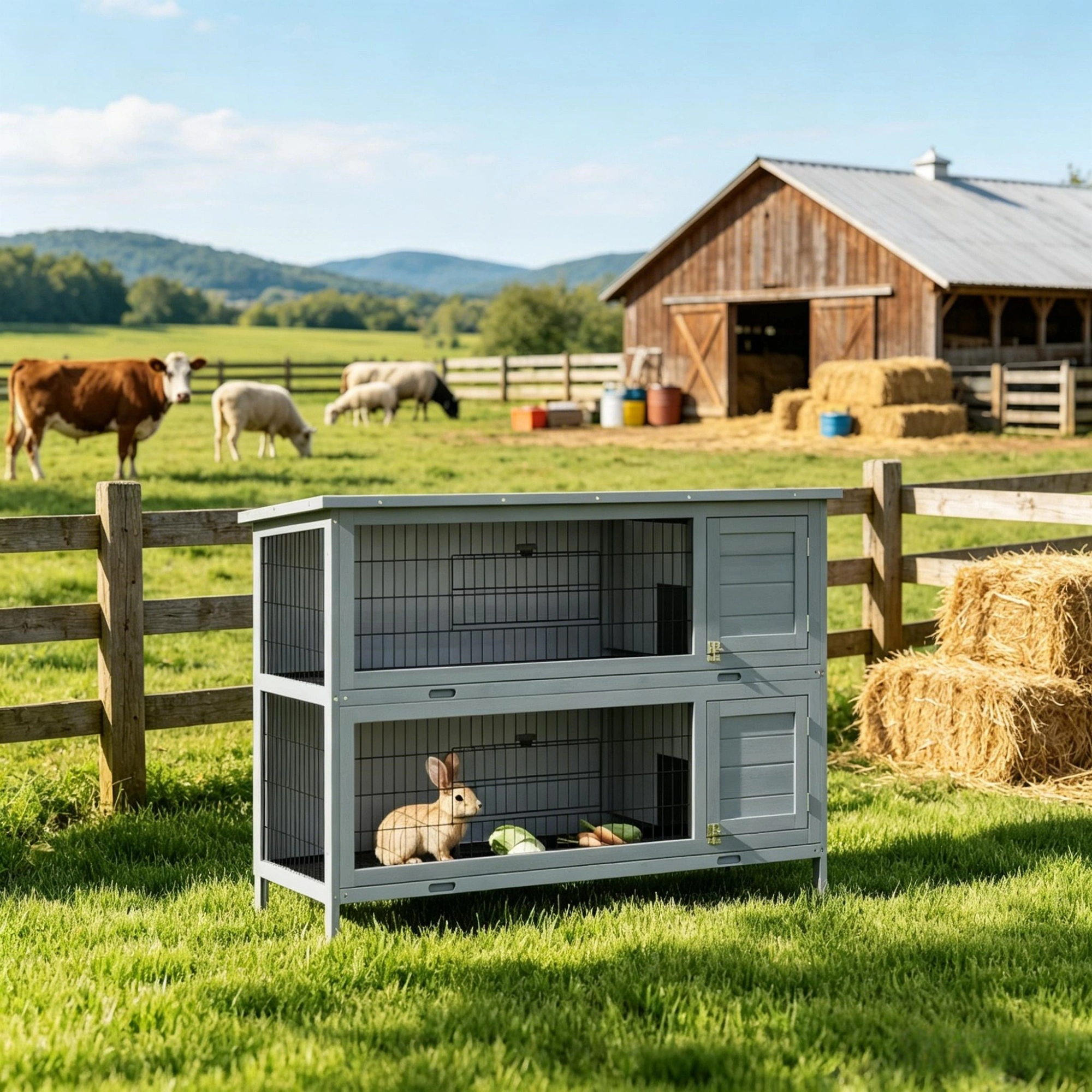 54" 2-Story Large Rabbit Hutch, Wooden Bunny Cage & Small Animal Habitat, Gray with Lockable Doors, Inner Tray & Roof Cover