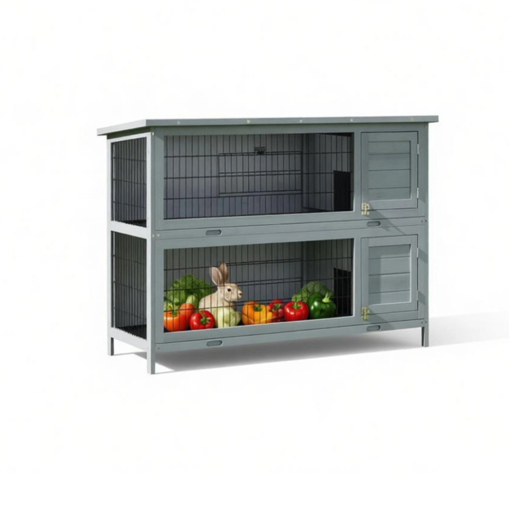 54" 2-Story Large Rabbit Hutch, Wooden Bunny Cage & Small Animal Habitat, Gray with Lockable Doors, Inner Tray & Roof Cover view 2