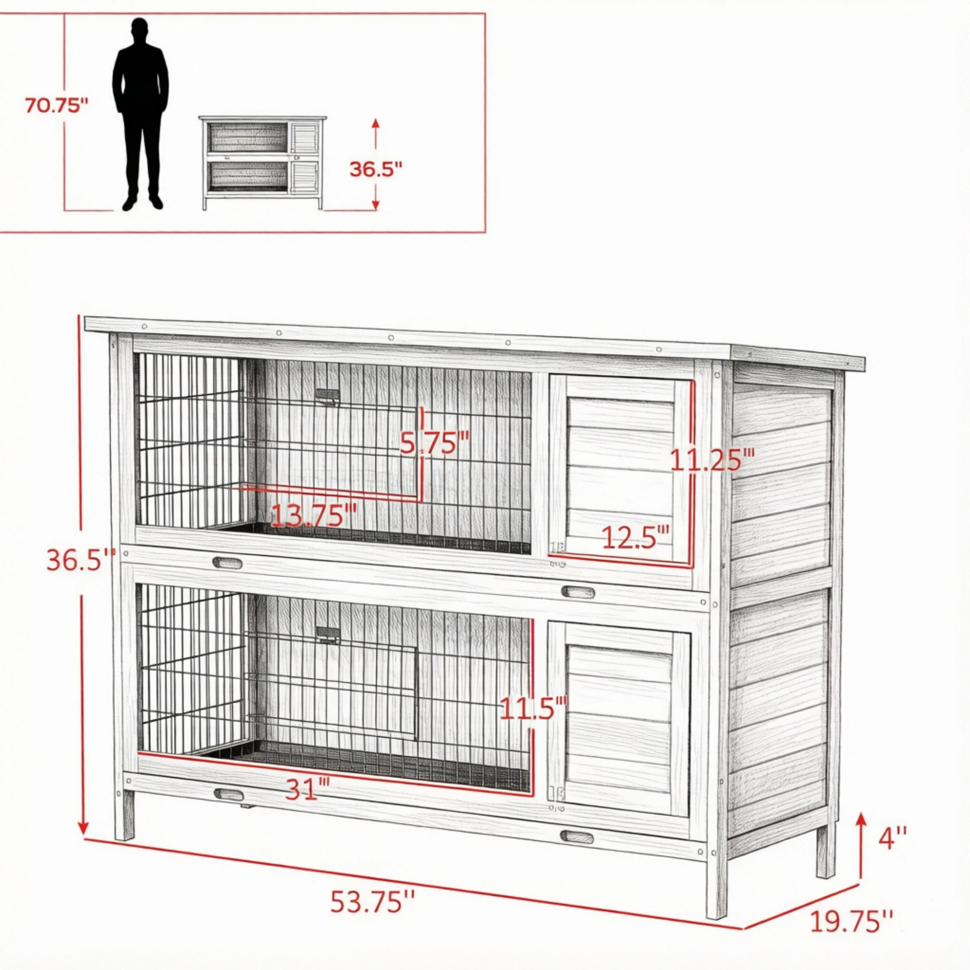 54" 2-Story Large Rabbit Hutch, Wooden Bunny Cage & Small Animal Habitat, Gray with Lockable Doors, Inner Tray & Roof Cover view 3