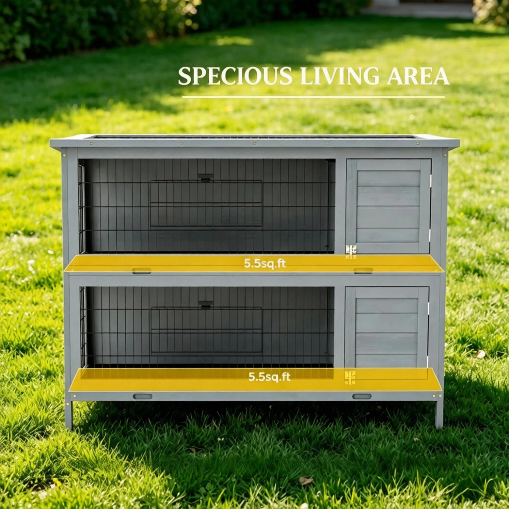 54" 2-Story Large Rabbit Hutch, Wooden Bunny Cage & Small Animal Habitat, Gray with Lockable Doors, Inner Tray & Roof Cover view 4