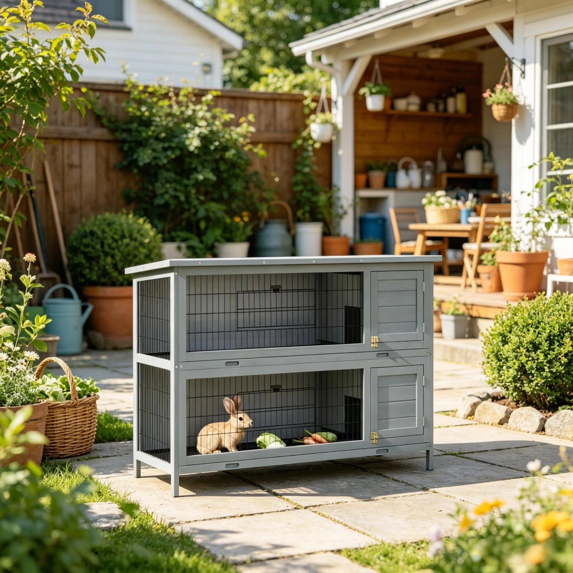 54" 2-Story Large Rabbit Hutch, Wooden Bunny Cage & Small Animal Habitat, Gray with Lockable Doors, Inner Tray & Roof Cover view 5