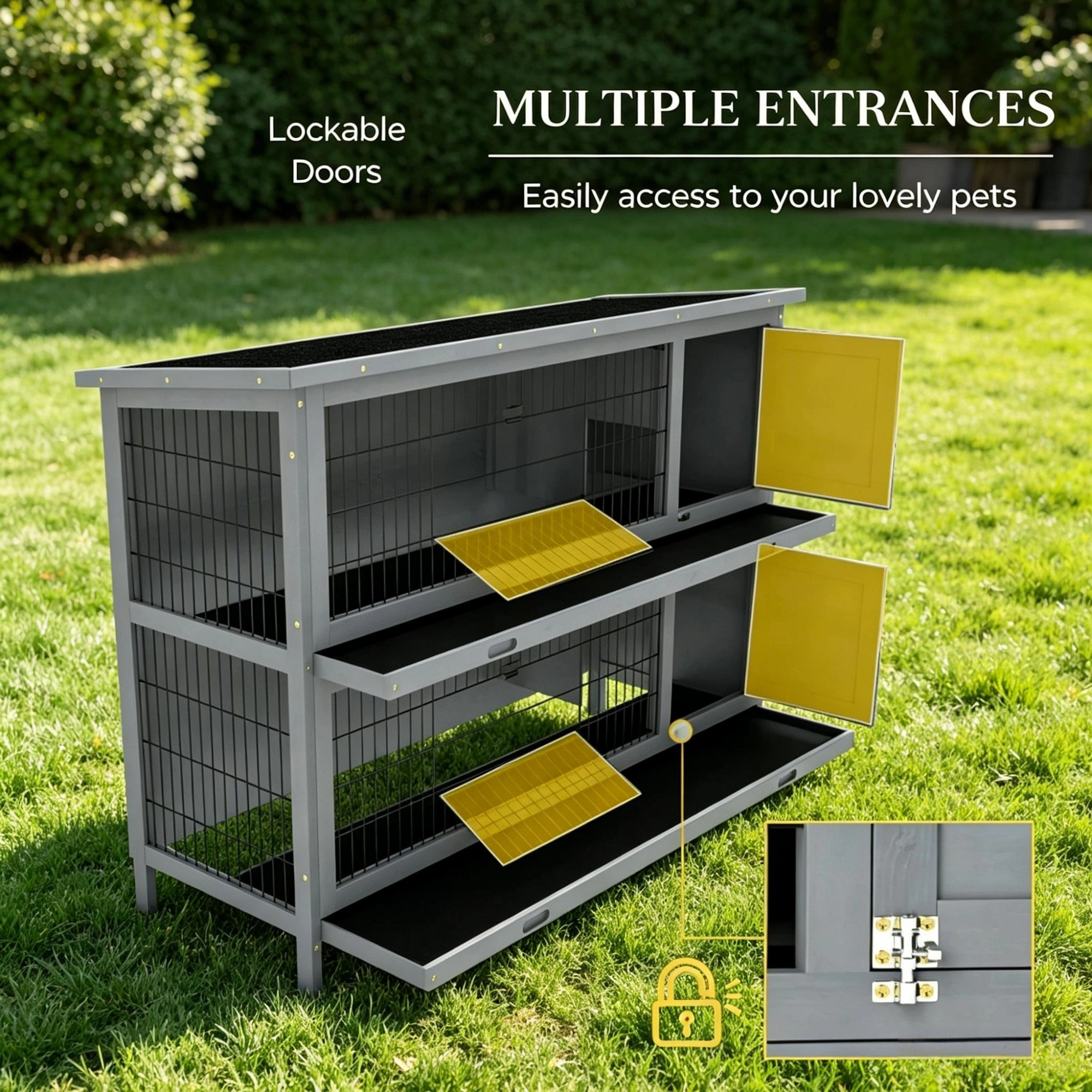 54" 2-Story Large Rabbit Hutch, Wooden Bunny Cage & Small Animal Habitat, Gray with Lockable Doors, Inner Tray & Roof Cover view 6