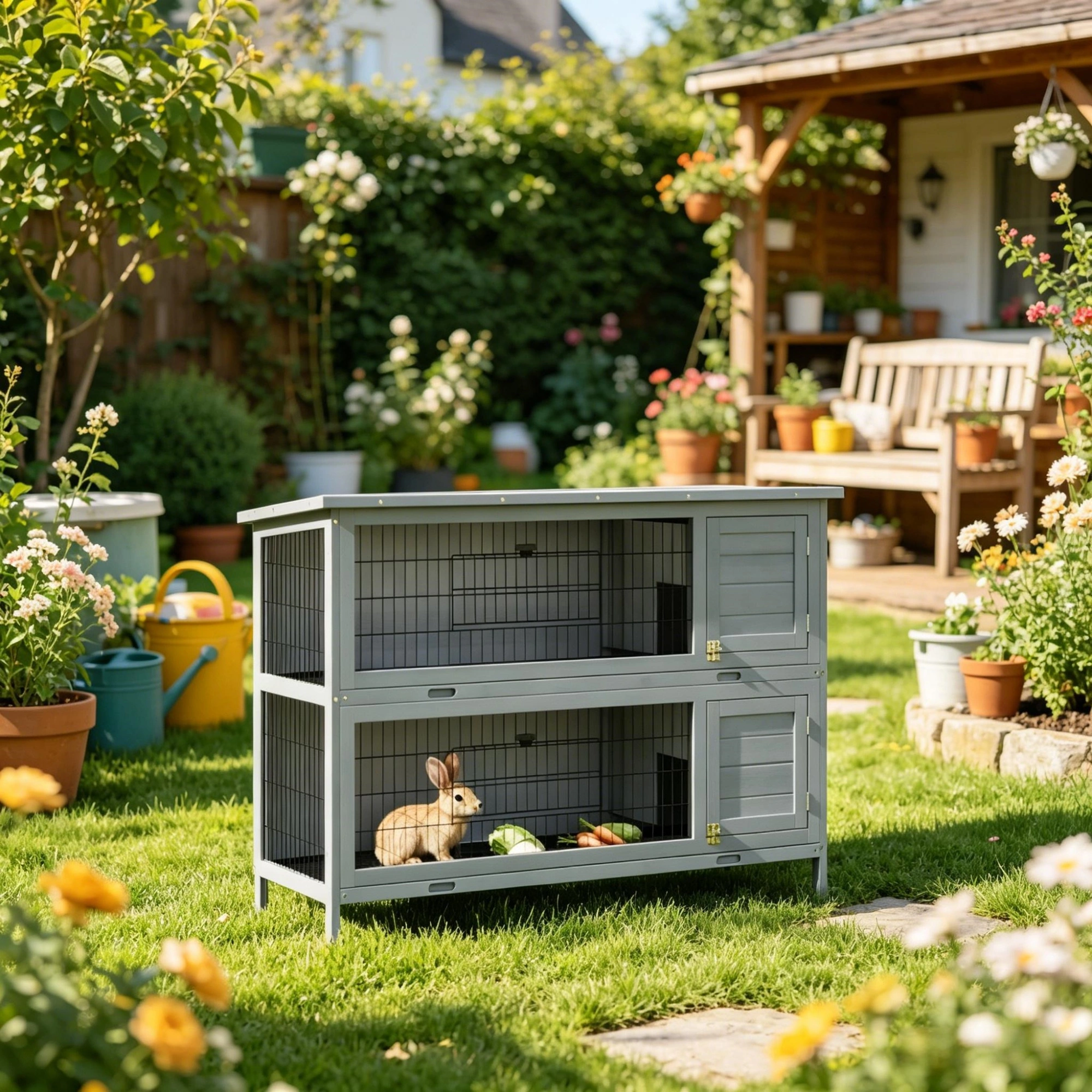 54" 2-Story Large Rabbit Hutch, Wooden Bunny Cage & Small Animal Habitat, Gray with Lockable Doors, Inner Tray & Roof Cover view 7
