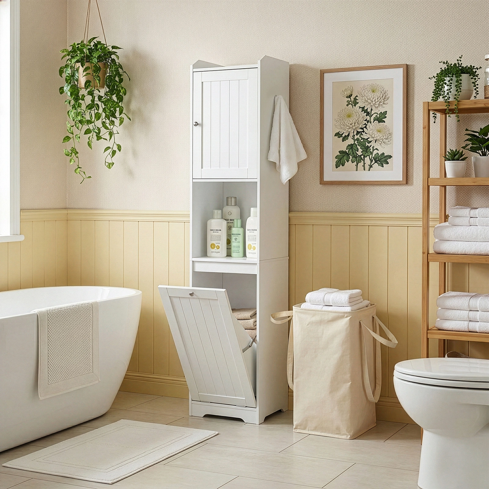 White melamine-faced particleboard, vertical grain, 40*40*180cm, 1 door + bottom flip-down drawer with non-woven storage bag, bathroom tall cabinet view 10