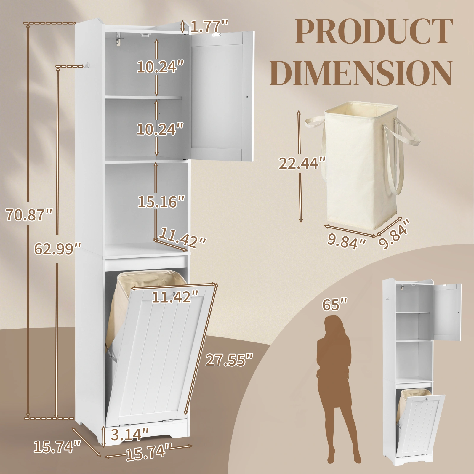 White melamine-faced particleboard, vertical grain, 40*40*180cm, 1 door + bottom flip-down drawer with non-woven storage bag, bathroom tall cabinet view 11