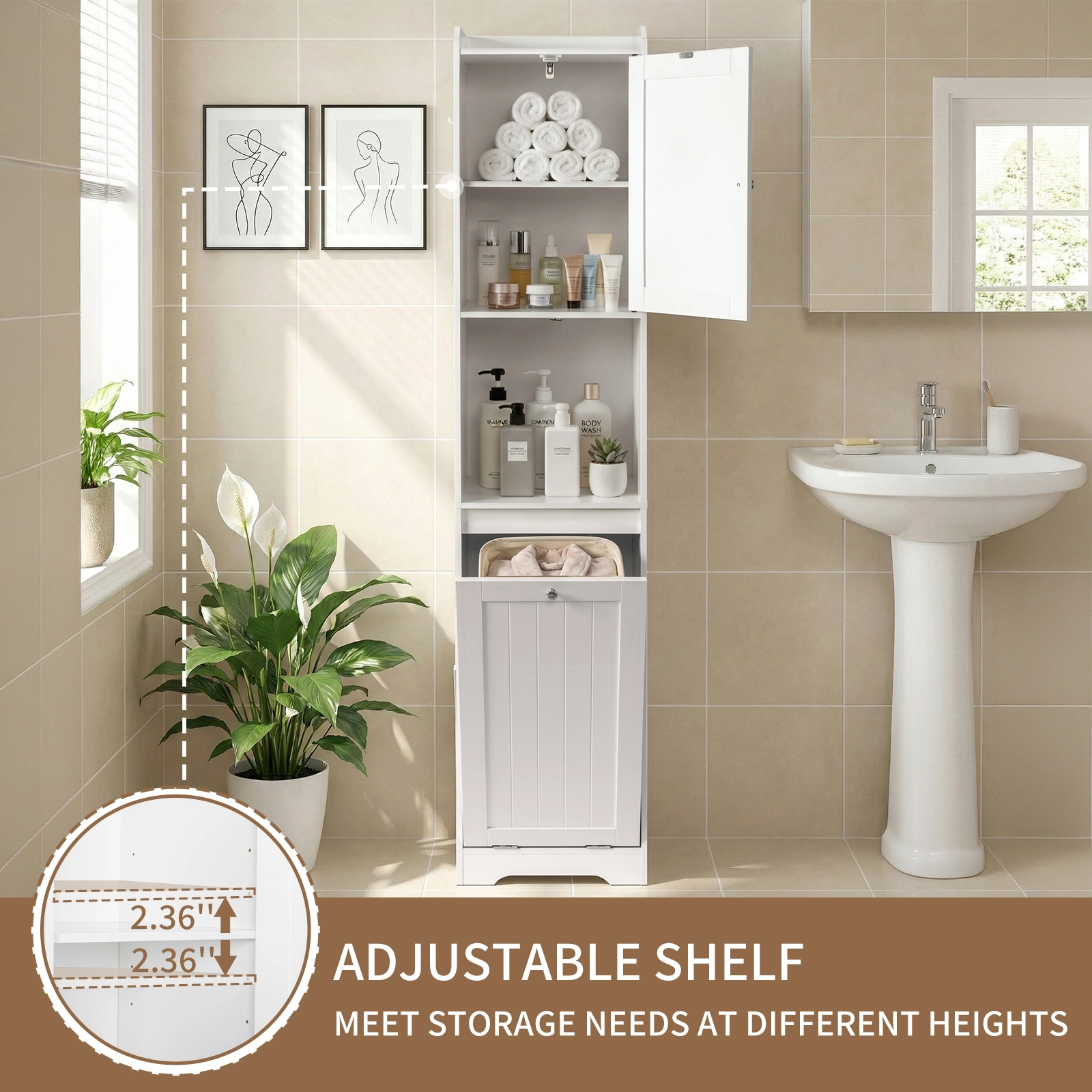White melamine-faced particleboard, vertical grain, 40*40*180cm, 1 door + bottom flip-down drawer with non-woven storage bag, bathroom tall cabinet view 13