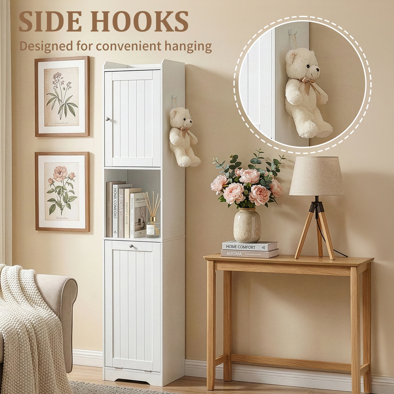 White melamine-faced particleboard, vertical grain, 40*40*180cm, 1 door + bottom flip-down drawer with non-woven storage bag, bathroom tall cabinet view 16