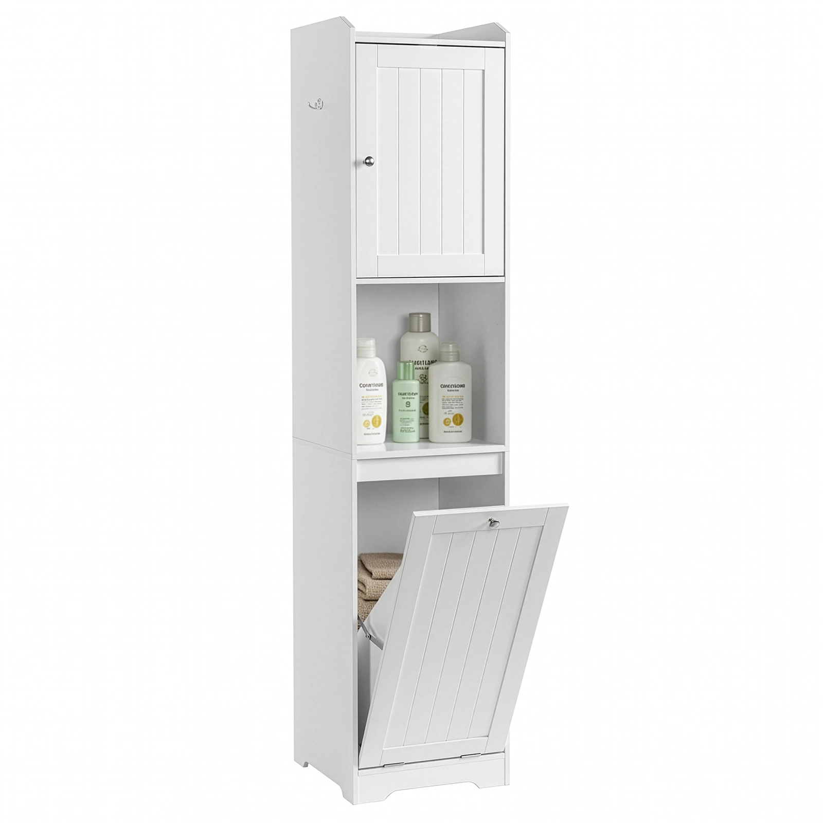 White melamine-faced particleboard, vertical grain, 40*40*180cm, 1 door + bottom flip-down drawer with non-woven storage bag, bathroom tall cabinet view 18