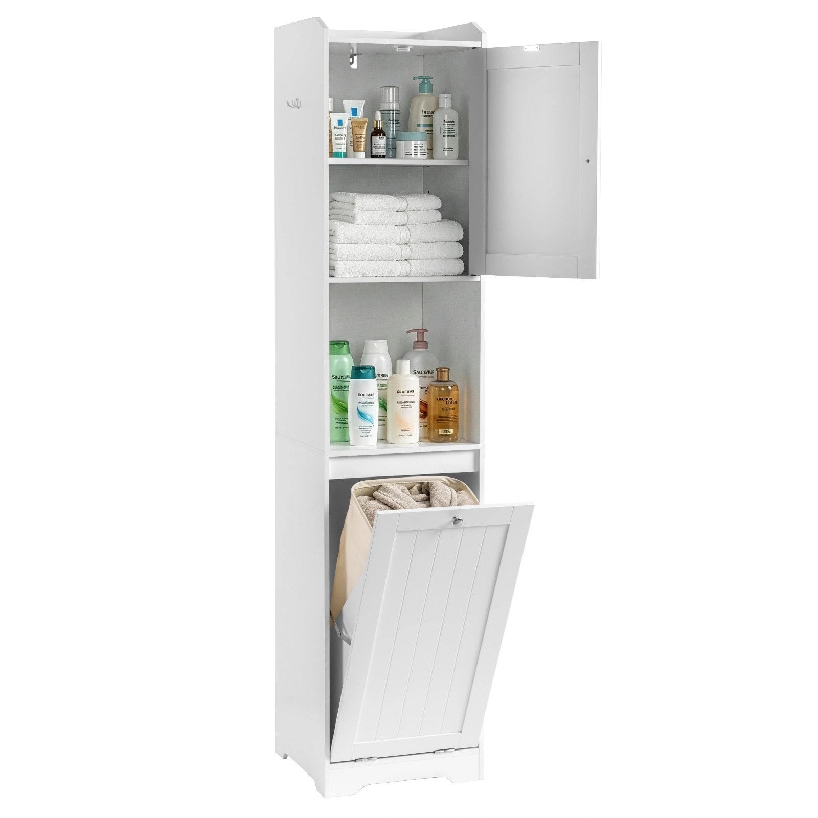 White melamine-faced particleboard, vertical grain, 40*40*180cm, 1 door + bottom flip-down drawer with non-woven storage bag, bathroom tall cabinet view 3