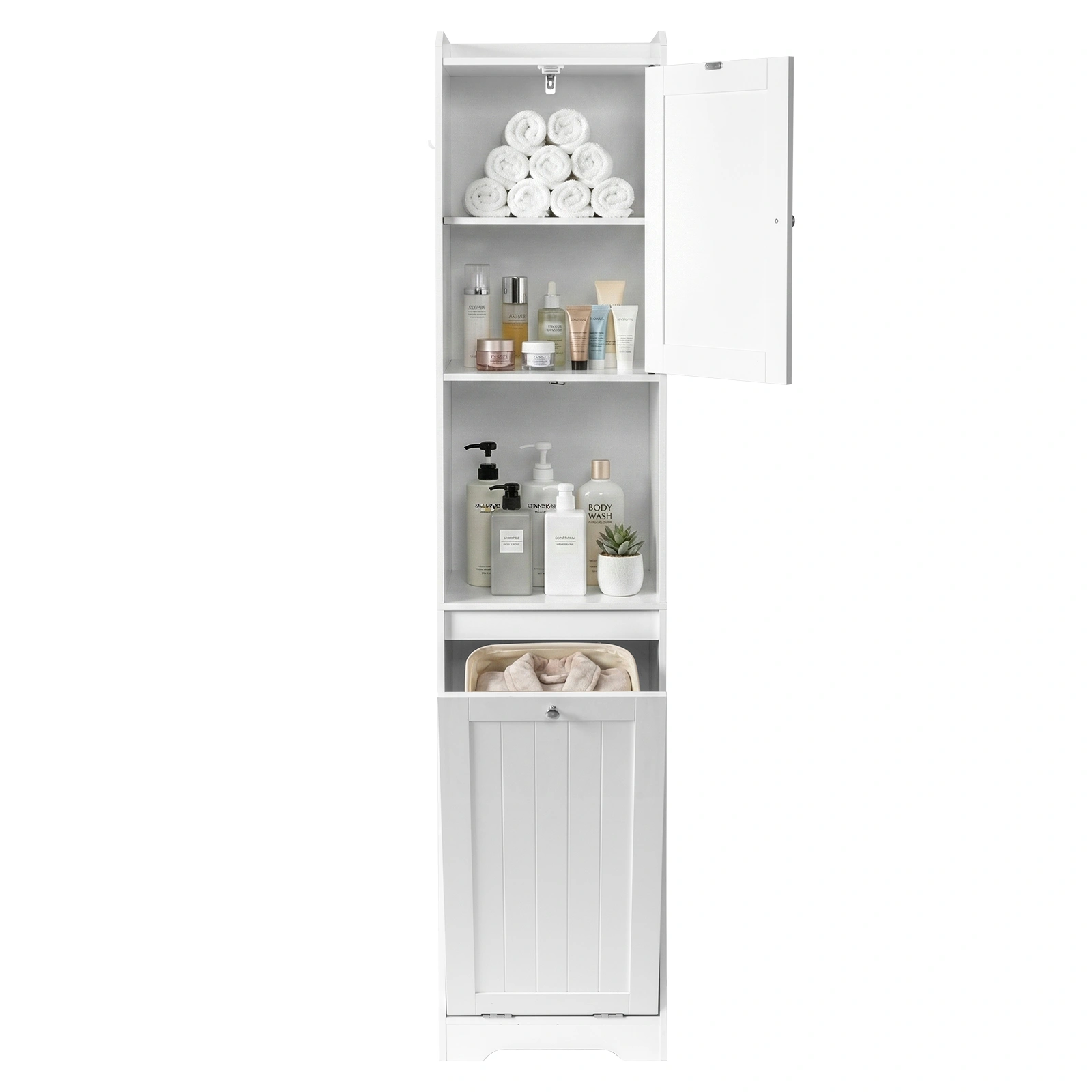 White melamine-faced particleboard, vertical grain, 40*40*180cm, 1 door + bottom flip-down drawer with non-woven storage bag, bathroom tall cabinet view 7