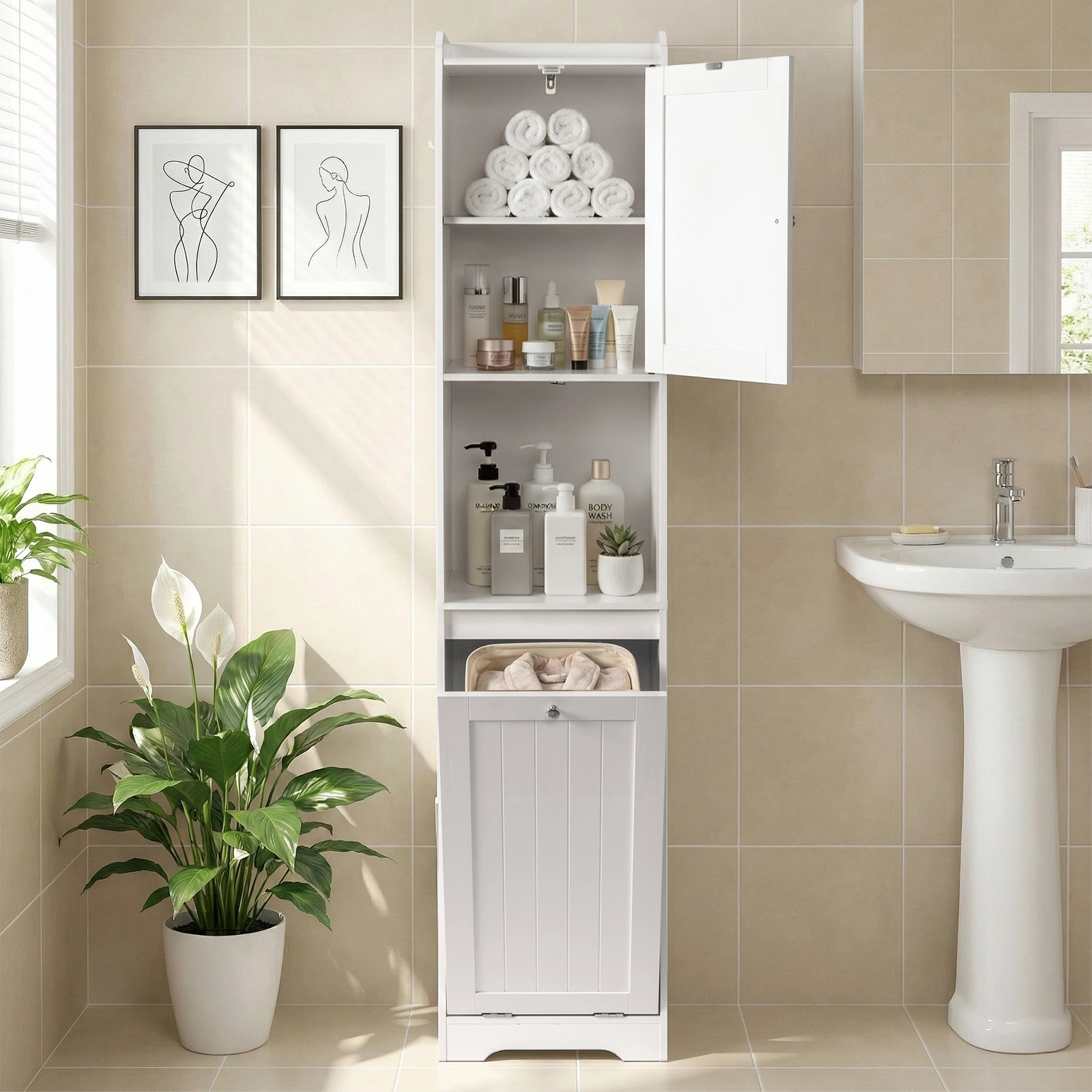 White melamine-faced particleboard, vertical grain, 40*40*180cm, 1 door + bottom flip-down drawer with non-woven storage bag, bathroom tall cabinet view 9