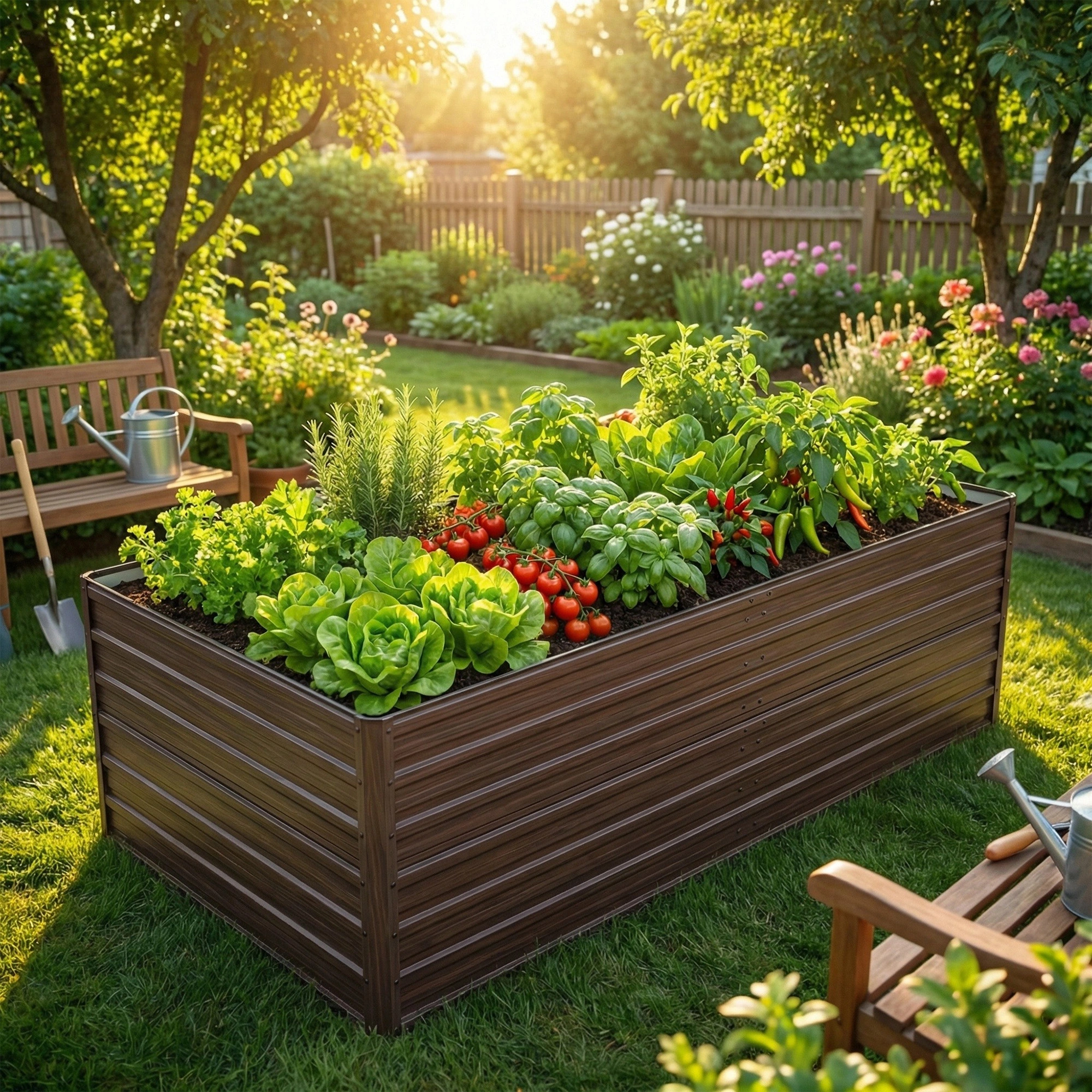 240x120x64cm Raised Garden Bed, Walnut Metal Planter Box, Rustproof Steel with Open Base Drainage & 4 Reinforcing Rods, Large Outdoor Flower Vegetable Herb Bed