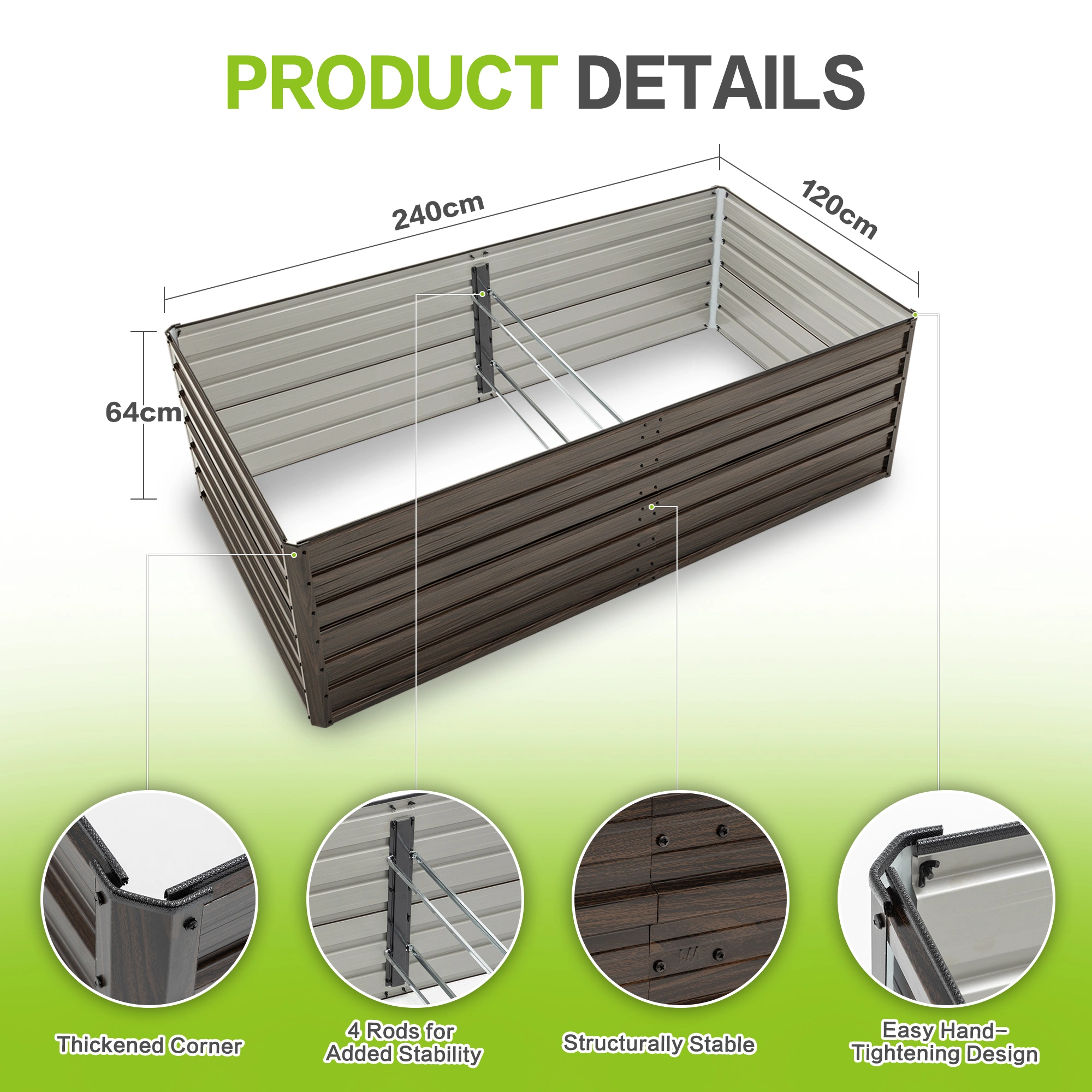 240x120x64cm Raised Garden Bed, Walnut Metal Planter Box, Rustproof Steel with Open Base Drainage & 4 Reinforcing Rods, Large Outdoor Flower Vegetable Herb Bed view 2
