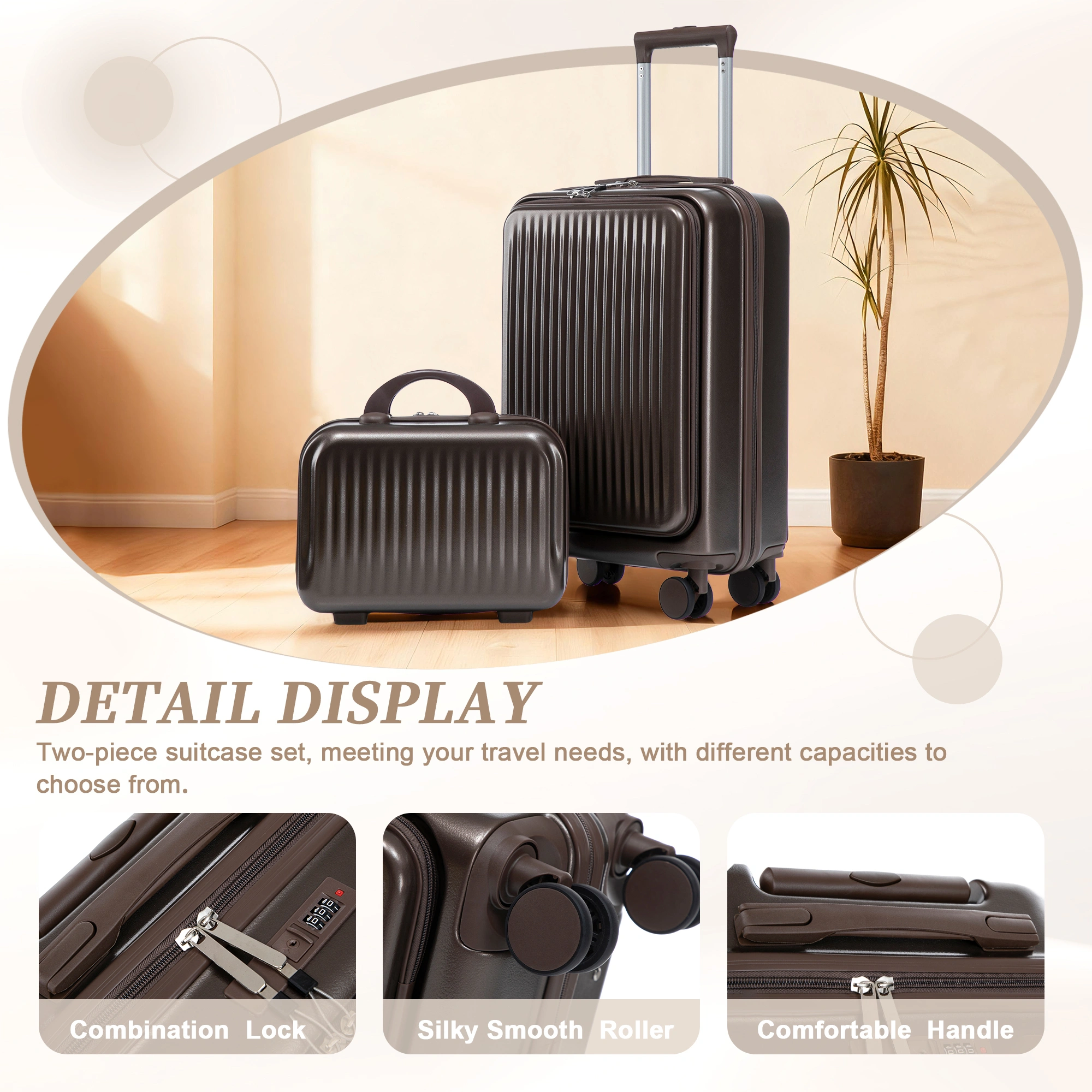 14" & 20" ABS Spinner Luggage Set, 2-Piece Hardside Suitcase with Combo Lock, Front Opening, 14" Cosmetic Case, Brown view 10