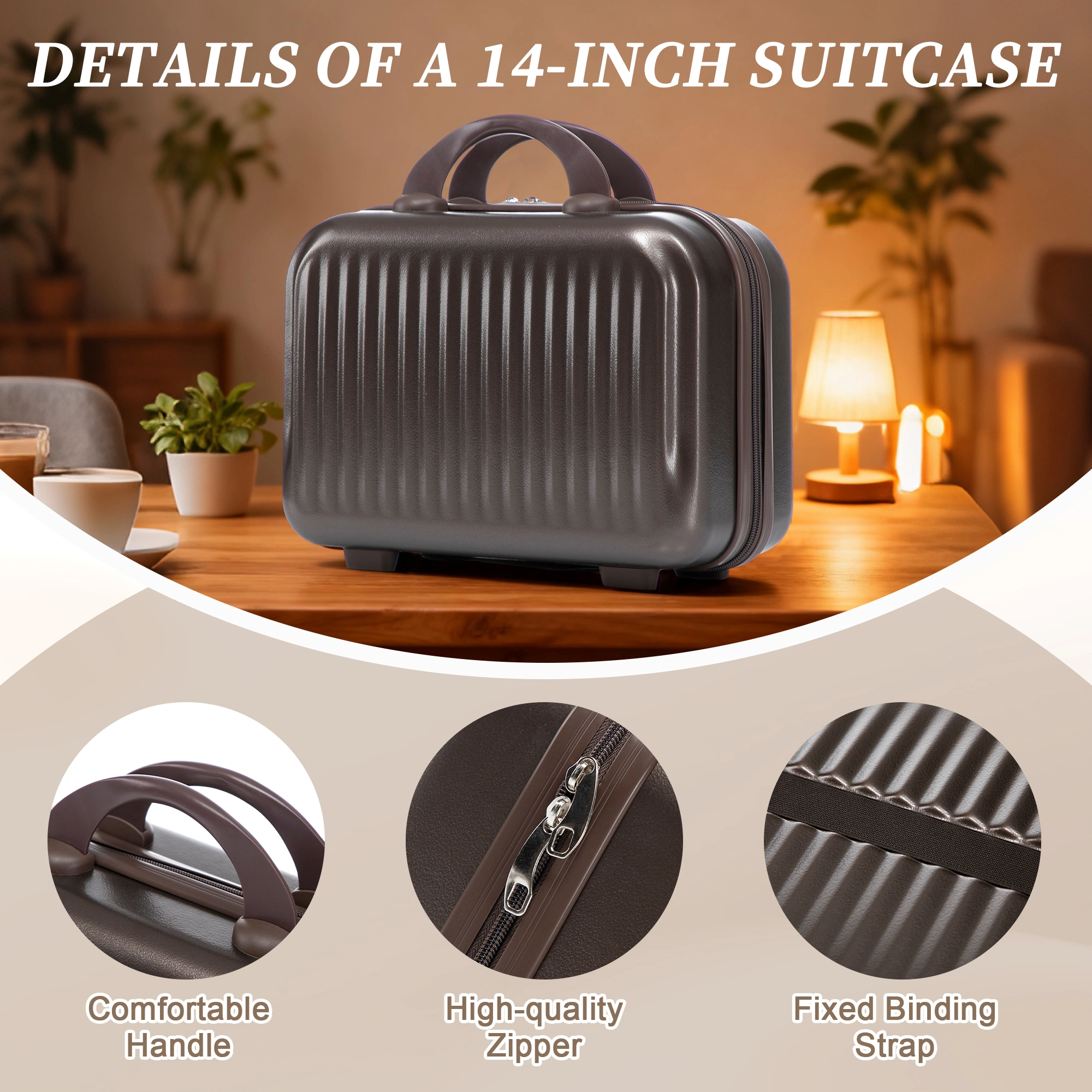 14" & 20" ABS Spinner Luggage Set, 2-Piece Hardside Suitcase with Combo Lock, Front Opening, 14" Cosmetic Case, Brown view 11
