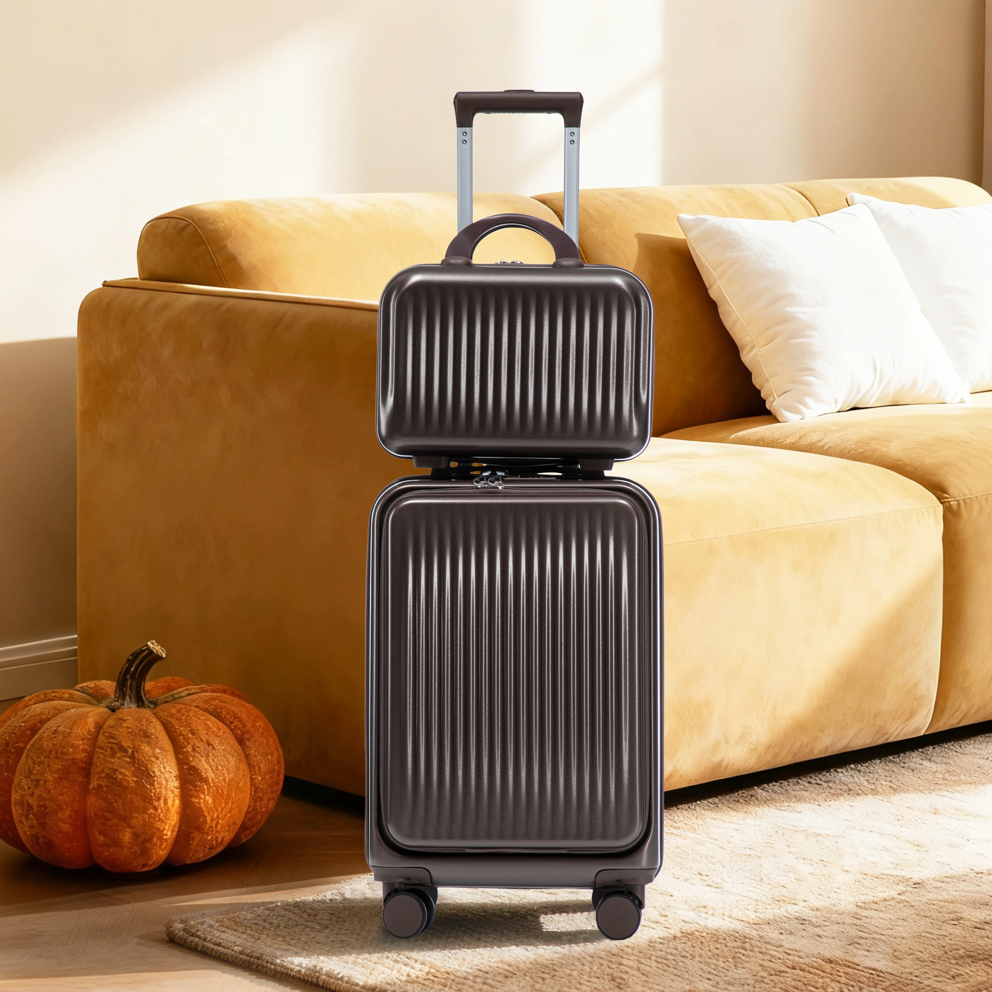 14" & 20" ABS Spinner Luggage Set, 2-Piece Hardside Suitcase with Combo Lock, Front Opening, 14" Cosmetic Case, Brown view 12