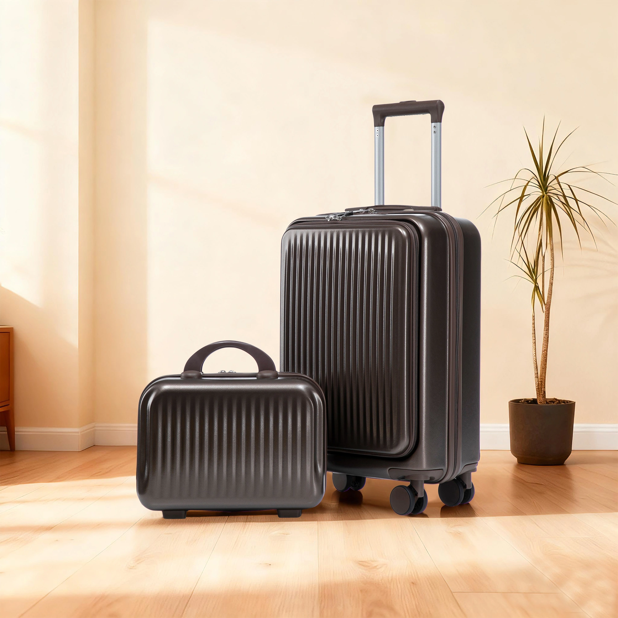 14" & 20" ABS Spinner Luggage Set, 2-Piece Hardside Suitcase with Combo Lock, Front Opening, 14" Cosmetic Case, Brown view 9