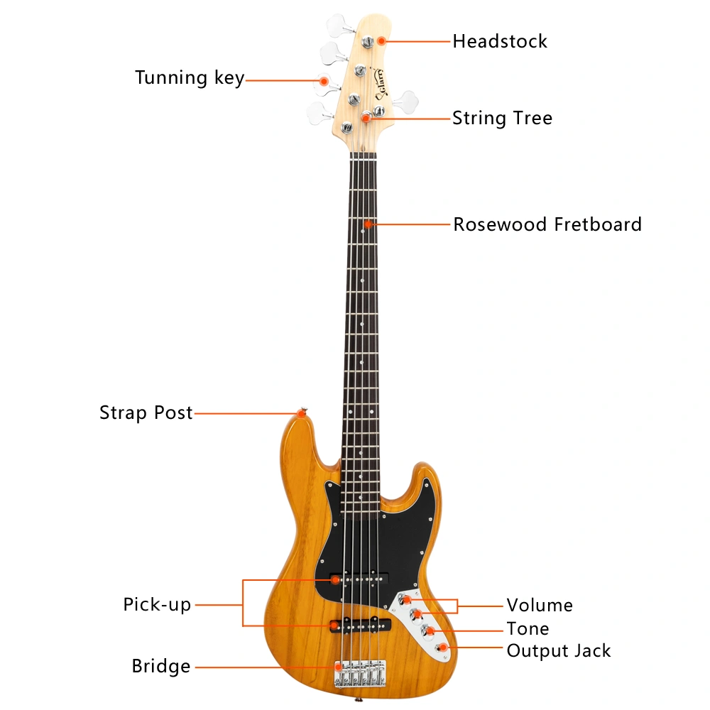 Gjazz Electric 5 String Bass Guitar Full Size Bag Strap Pick Connector Wrench Tool Transparent Yellow view 17
