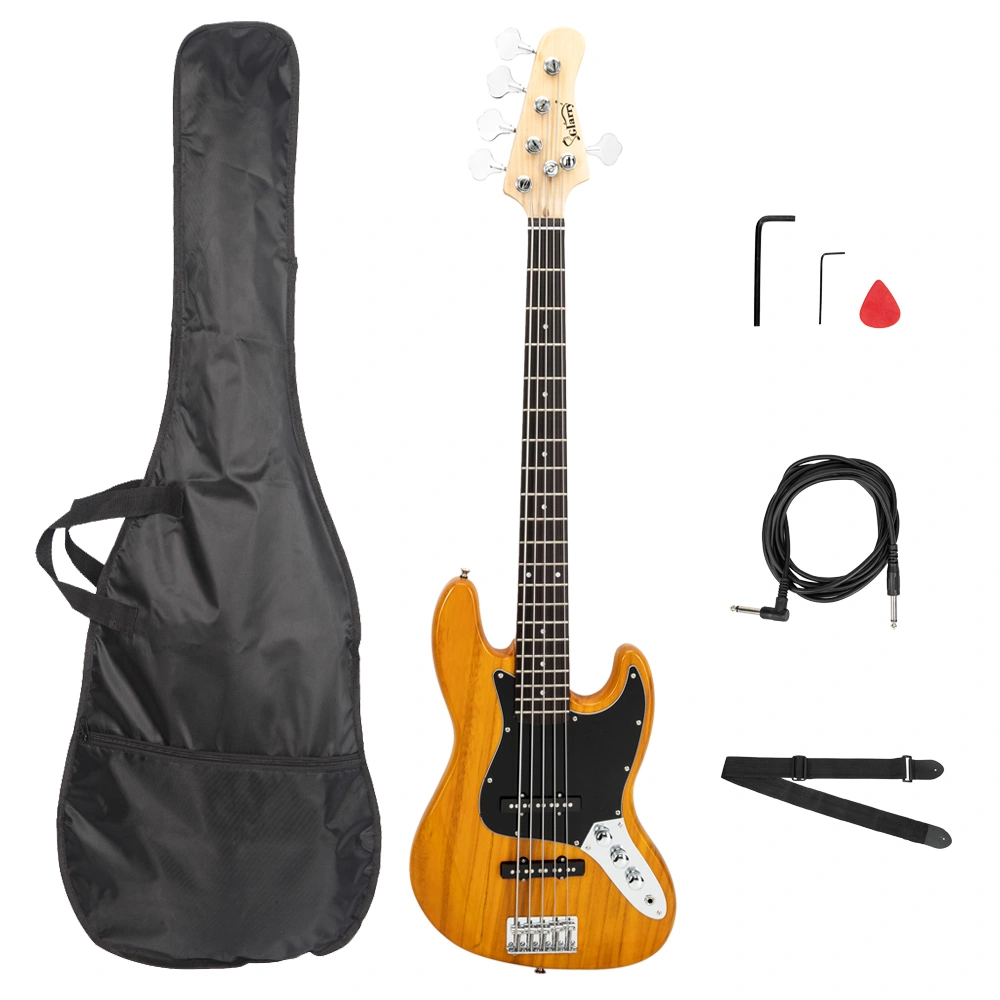 Gjazz Electric 5 String Bass Guitar Full Size Bag Strap Pick Connector Wrench Tool Transparent Yellow view 2