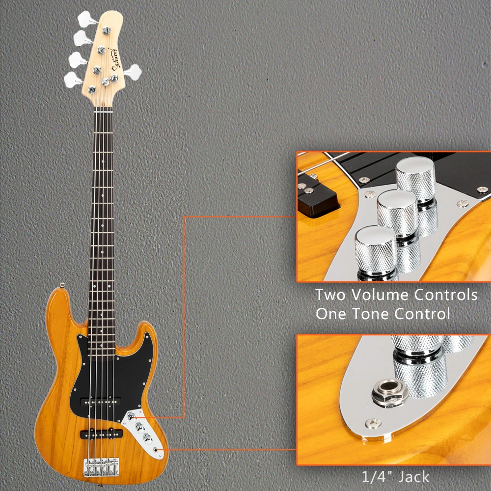 Gjazz Electric 5 String Bass Guitar Full Size Bag Strap Pick Connector Wrench Tool Transparent Yellow view 21