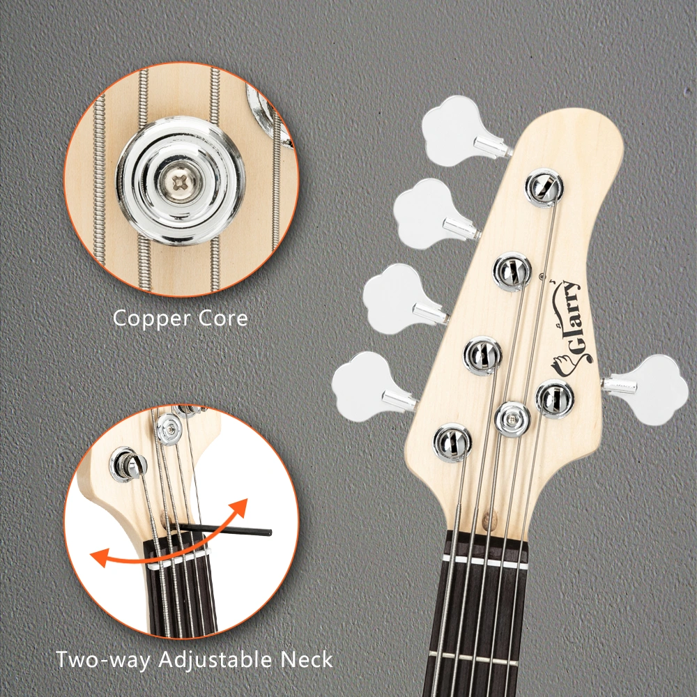 Gjazz Electric 5 String Bass Guitar Full Size Bag Strap Pick Connector Wrench Tool Transparent Yellow view 22