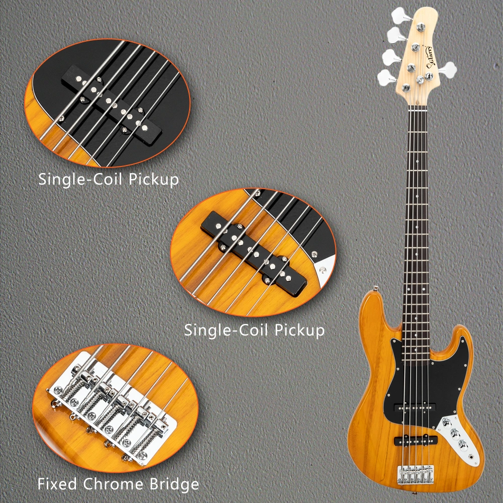 Gjazz Electric 5 String Bass Guitar Full Size Bag Strap Pick Connector Wrench Tool Transparent Yellow view 23