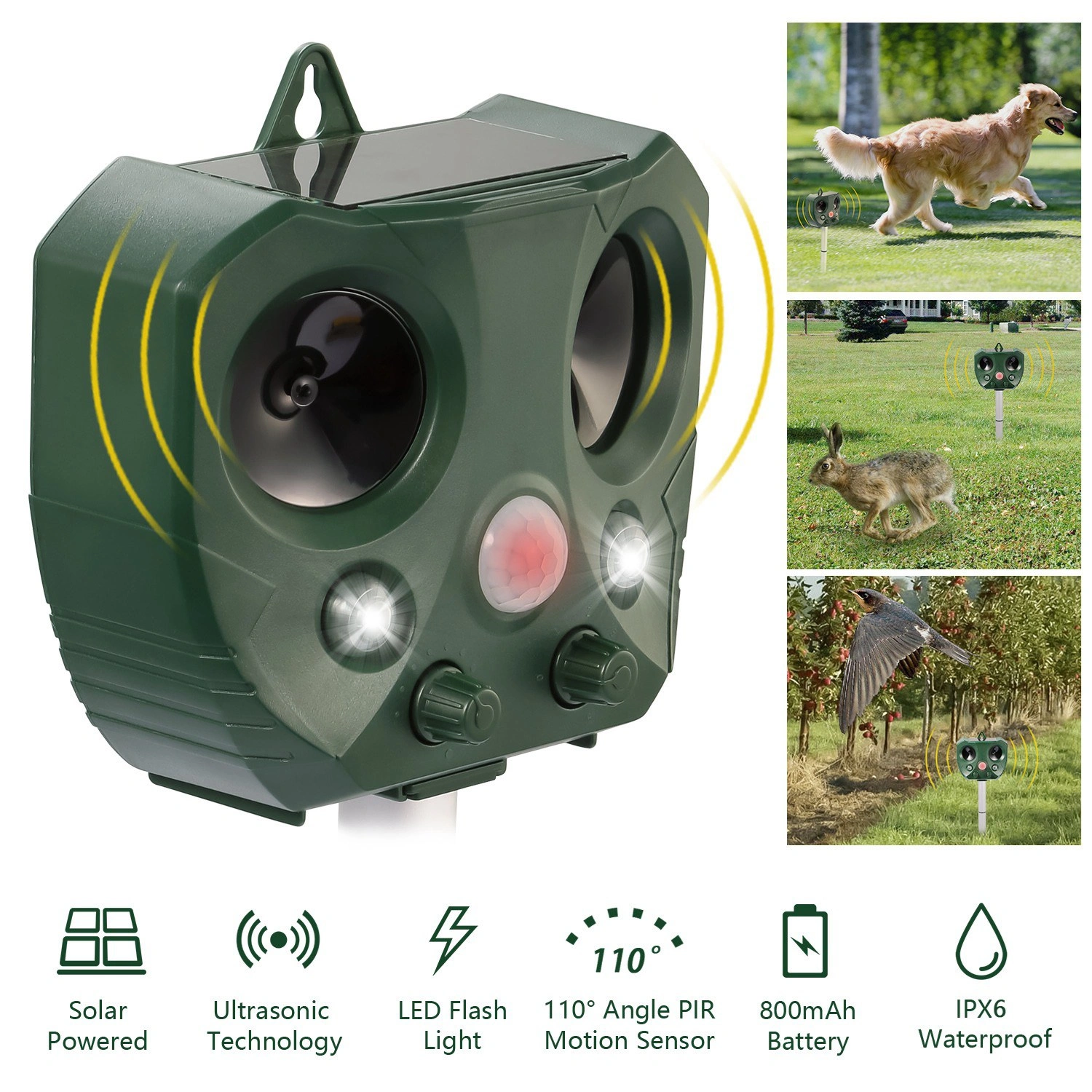 Upgraded Ultrasonic Animal Repeller, Solar Powered Pest Deterrent with PIR Motion Sensor, LED Flashing Light, IPX6 Waterproof, Dual Speakers 5000 Sq.ft Coverage, Repel Cat Dog Squirrel Raccoon Deer for Yard Garden view 2