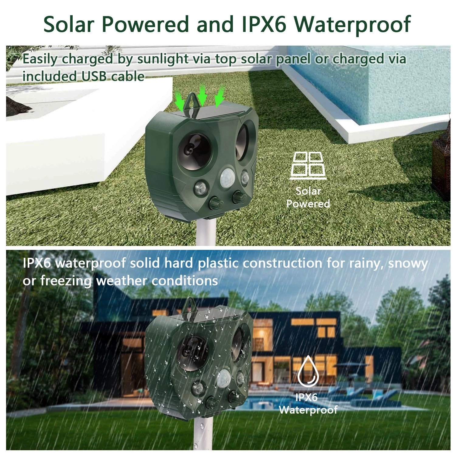 Upgraded Ultrasonic Animal Repeller, Solar Powered Pest Deterrent with PIR Motion Sensor, LED Flashing Light, IPX6 Waterproof, Dual Speakers 5000 Sq.ft Coverage, Repel Cat Dog Squirrel Raccoon Deer for Yard Garden view 5