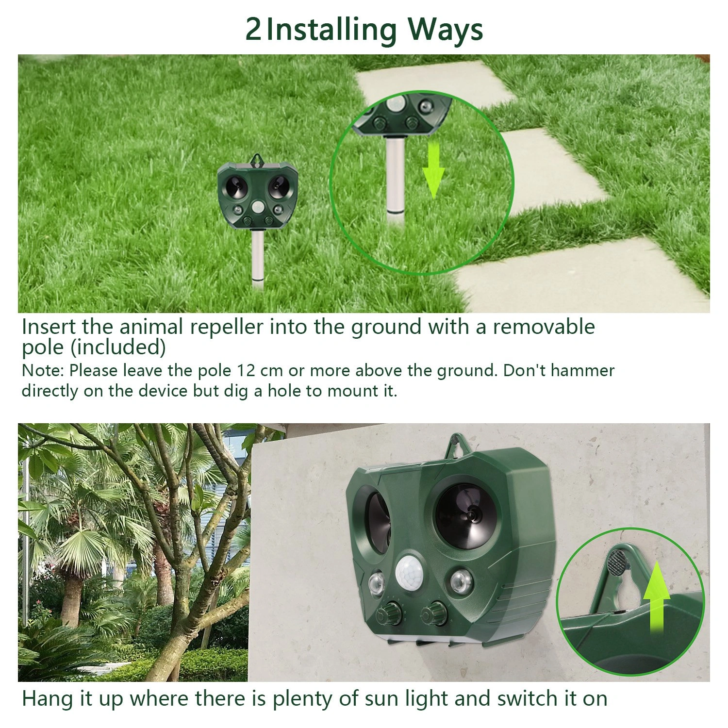 Upgraded Ultrasonic Animal Repeller, Solar Powered Pest Deterrent with PIR Motion Sensor, LED Flashing Light, IPX6 Waterproof, Dual Speakers 5000 Sq.ft Coverage, Repel Cat Dog Squirrel Raccoon Deer for Yard Garden view 7