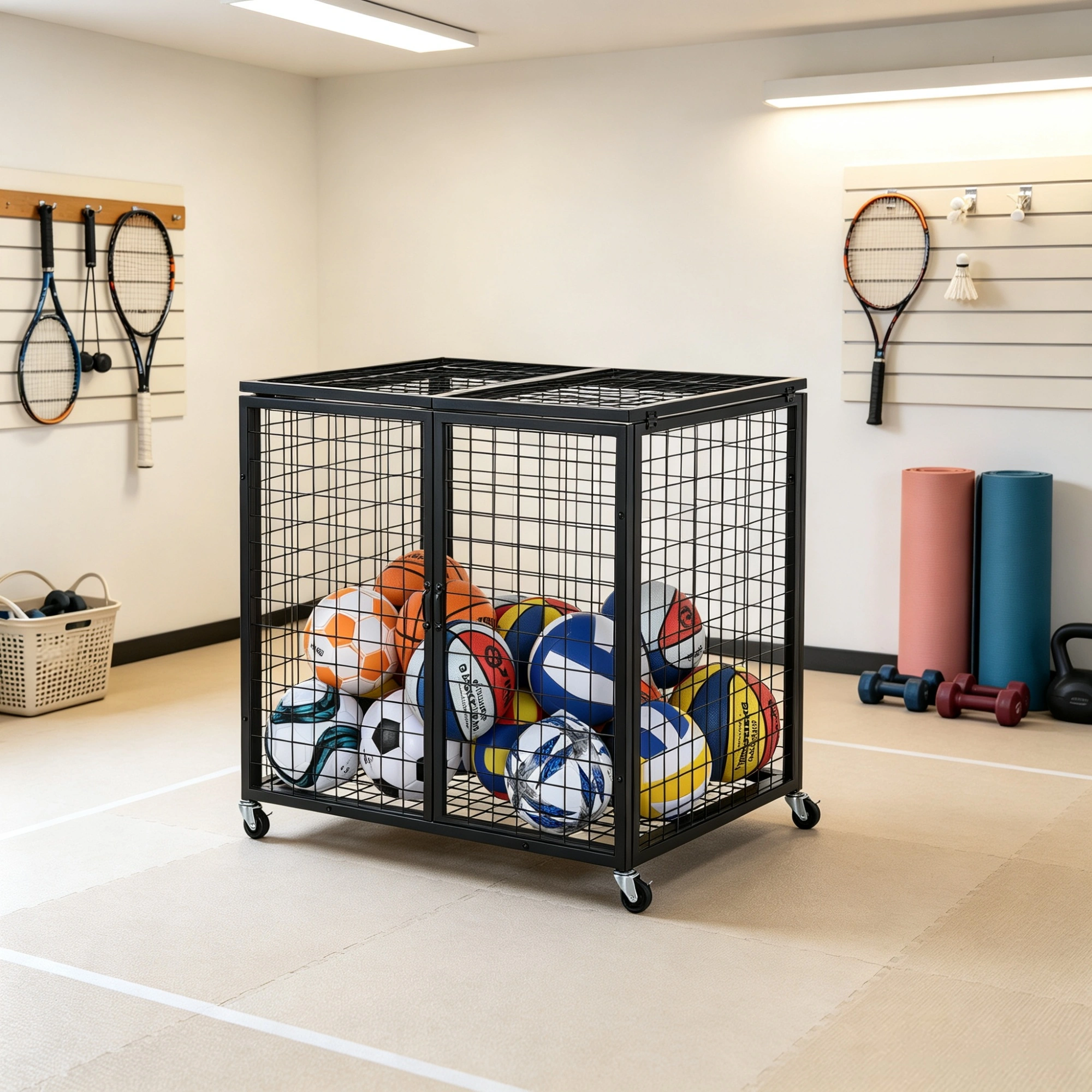 Rolling Sports Ball Storage Cart - Double Lid Basketball Cage, Steel Organizer Rack for Indoor Outdoor Gym School Garage view 4