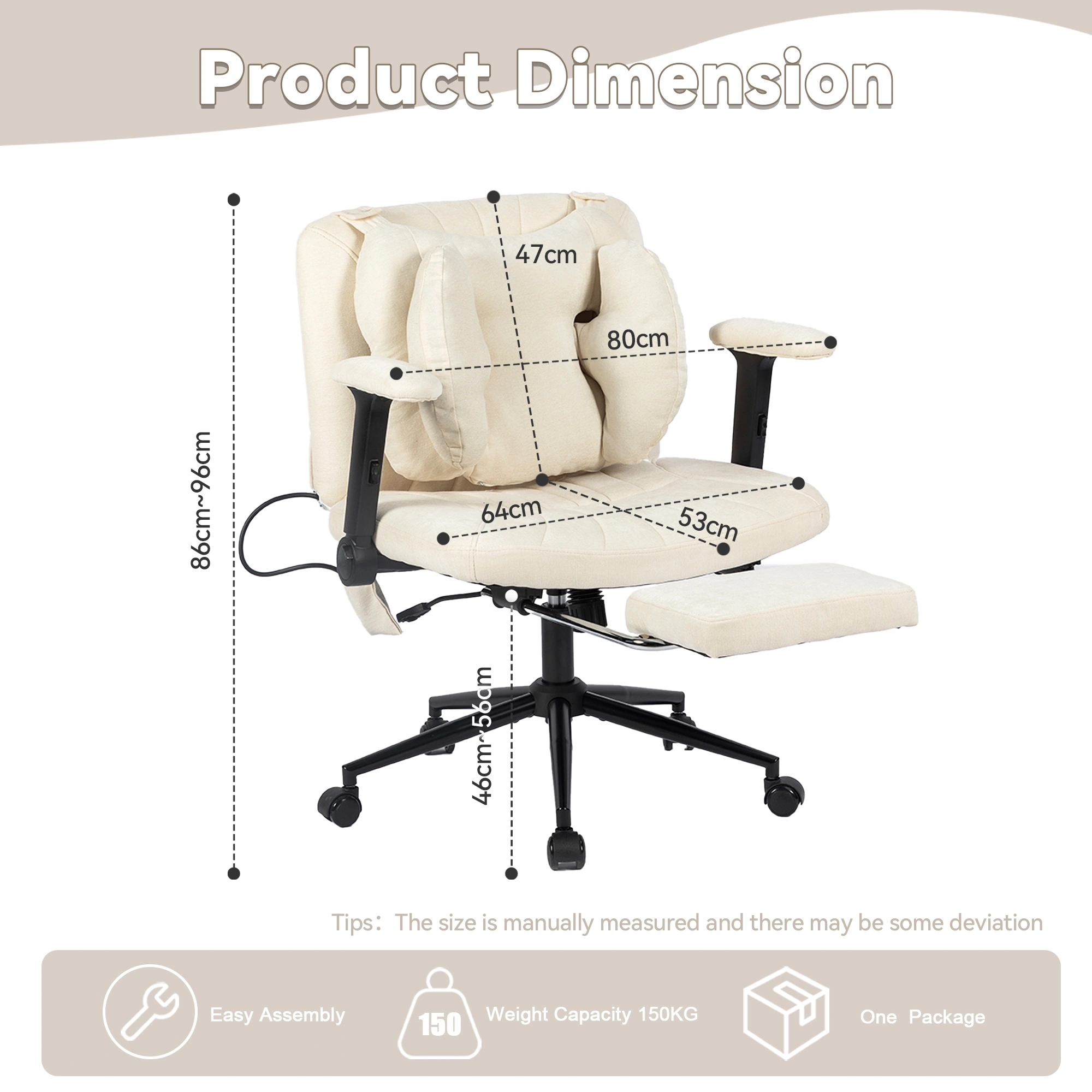 Home office chair, swivel chair, adjustable height desk chair with footrest, gaming chair with armrests, casters, for home office, beige view 3