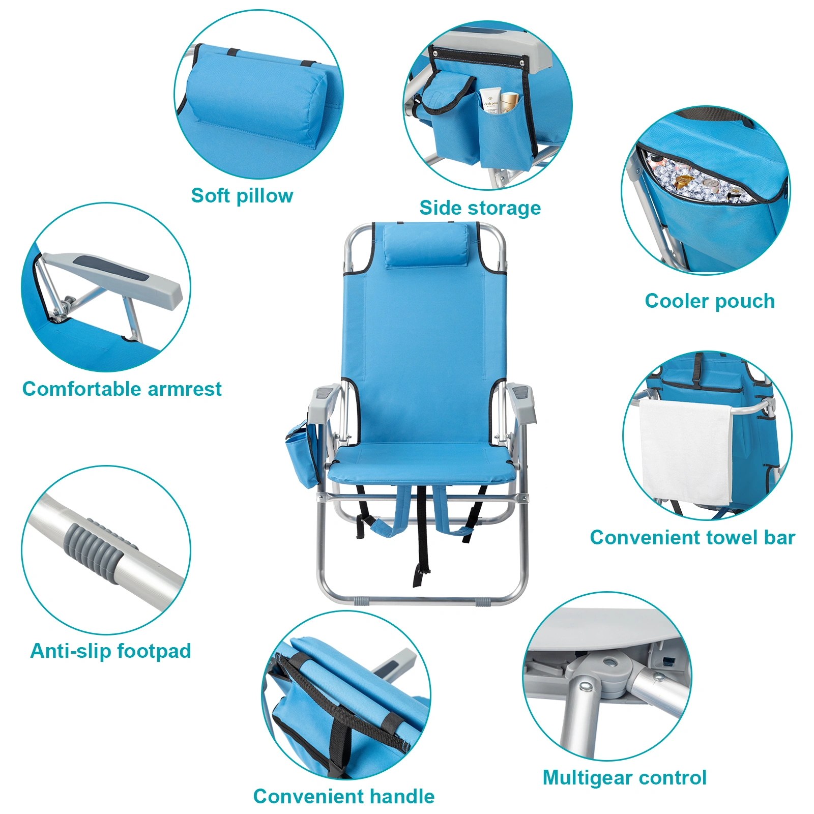 63*70*99cm Heightened Oxford Cloth Silver White Aluminum Tube Bearing 100kg Beach Chair Blue view 7