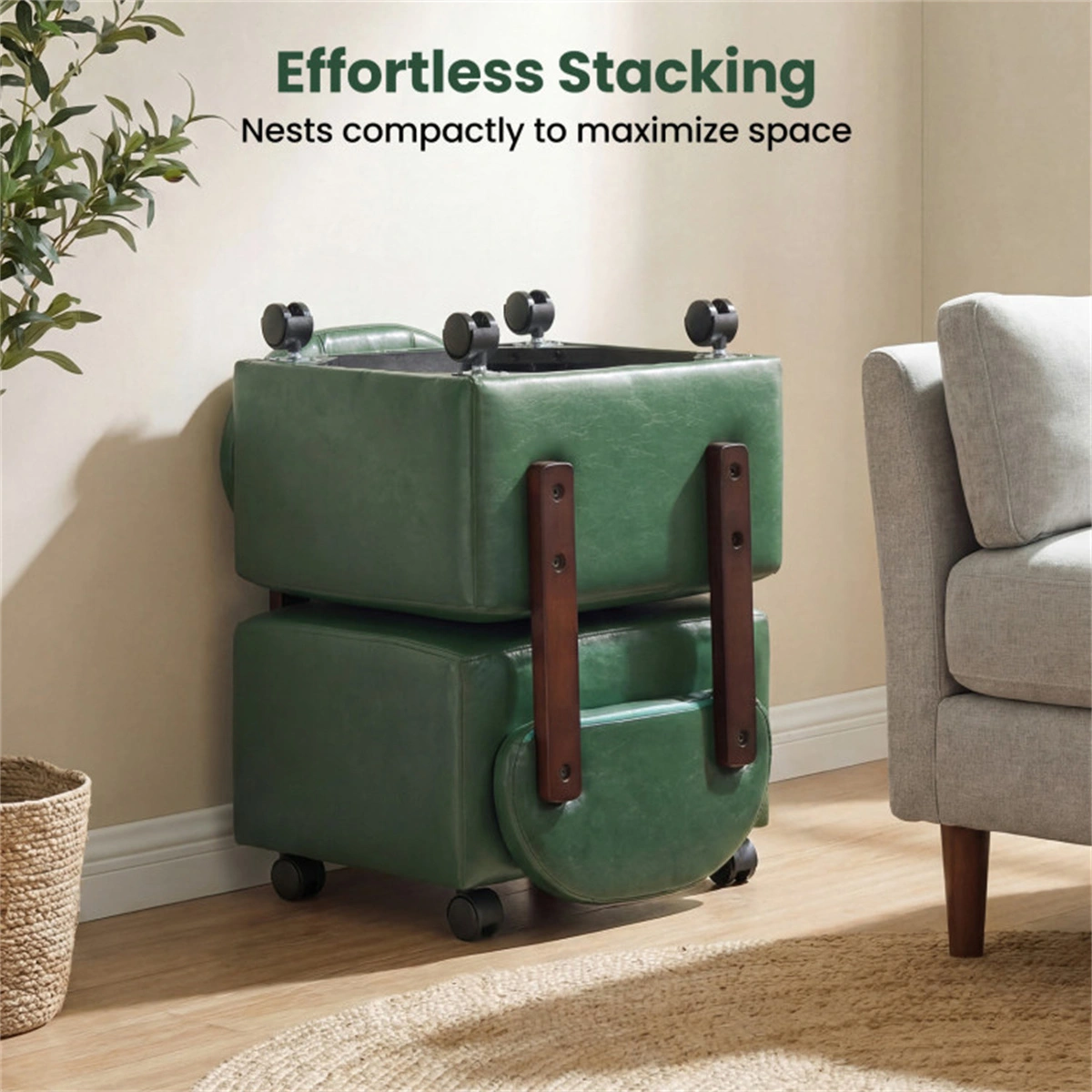 Set of 2 Stackable Small Rolling Stools with Brake Wheels, Compact Shoe Changing Footrest for Entryway view 10