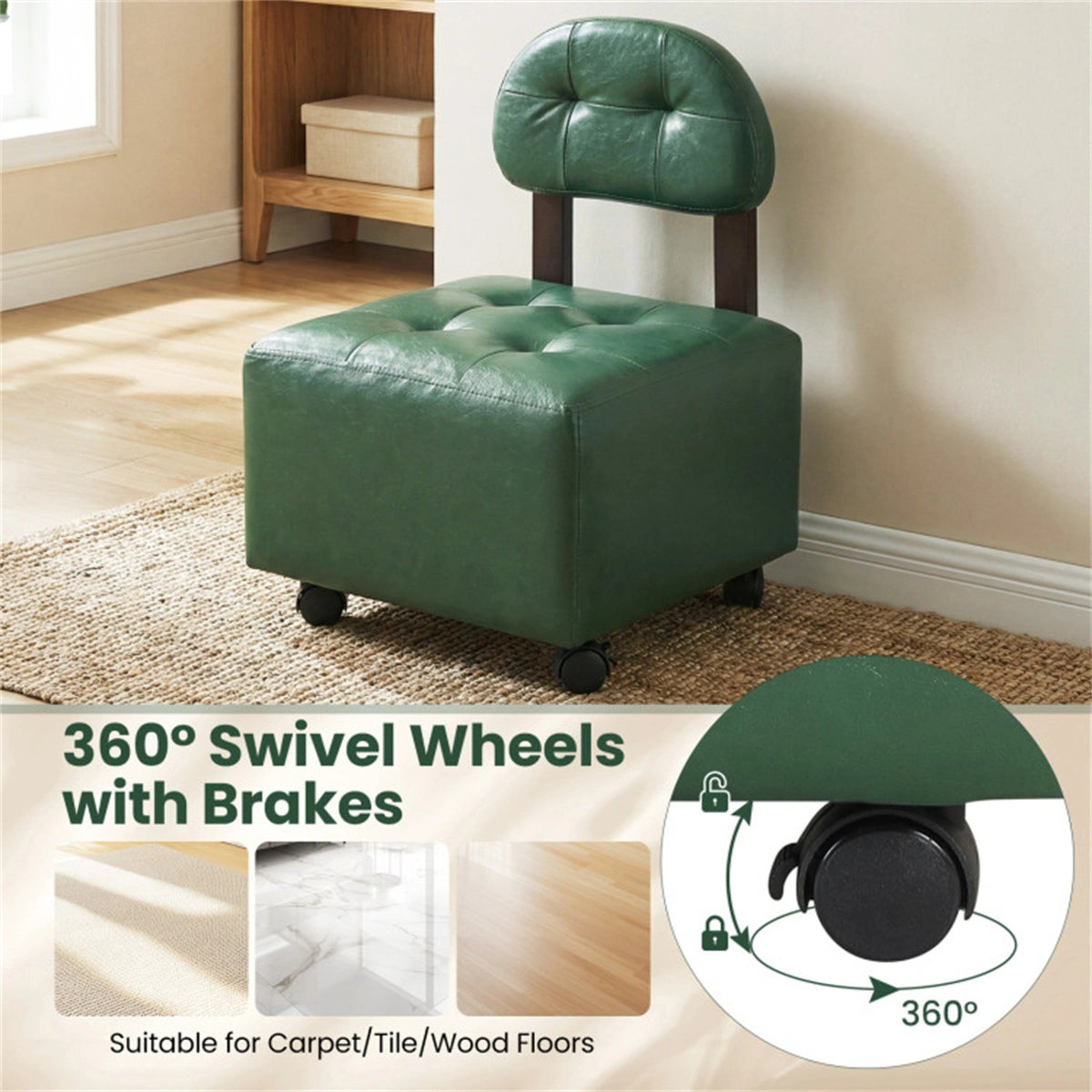 Set of 2 Stackable Small Rolling Stools with Brake Wheels, Compact Shoe Changing Footrest for Entryway view 9