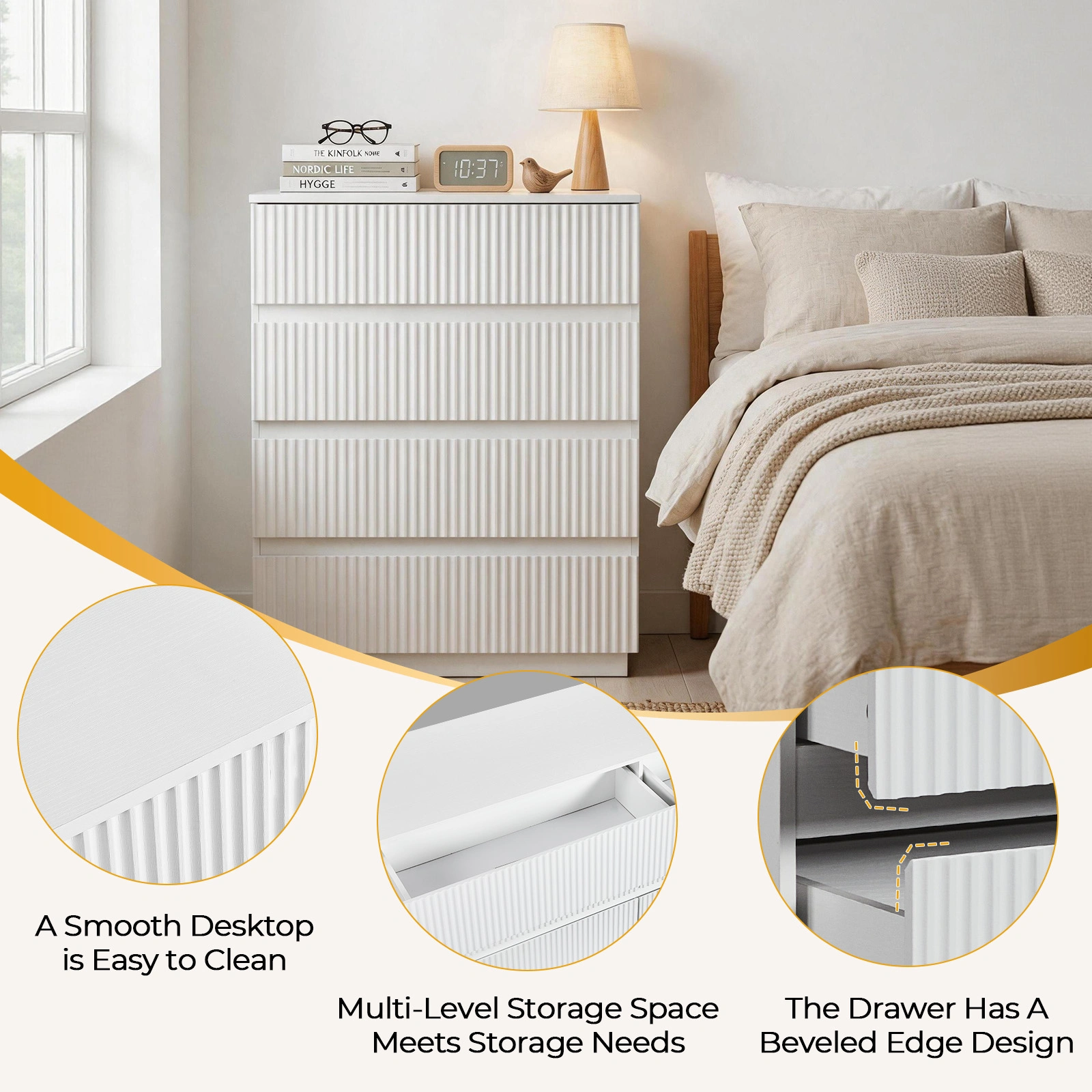 Handleless Grille-Finished 4-Drawer Bedside Table P2 Particleboard + MDF & Melamine Veneer + Thermoformed Drawer Dresser 23.62*14.96*30.71in White view 12
