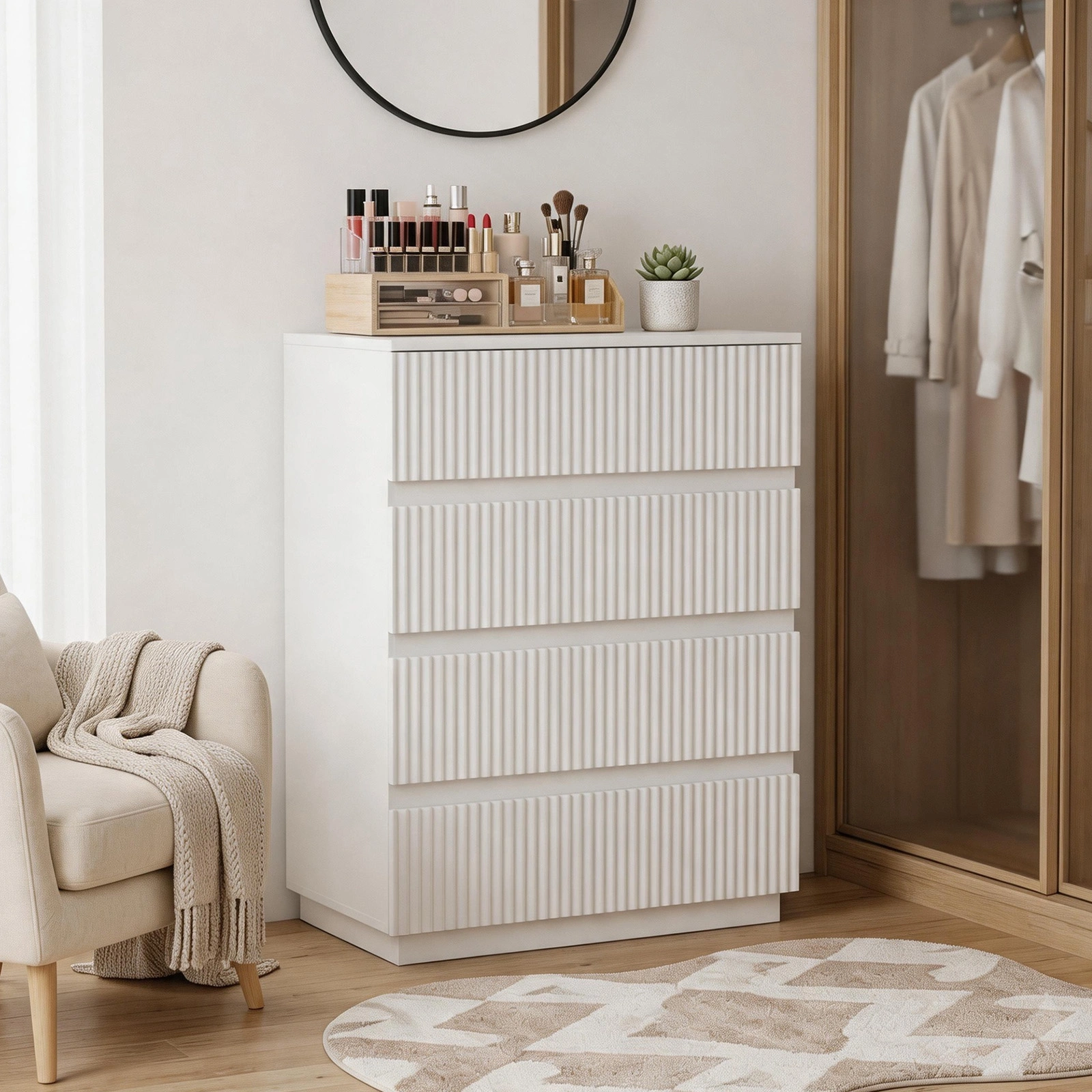 Handleless Grille-Finished 4-Drawer Bedside Table P2 Particleboard + MDF & Melamine Veneer + Thermoformed Drawer Dresser 23.62*14.96*30.71in White view 14