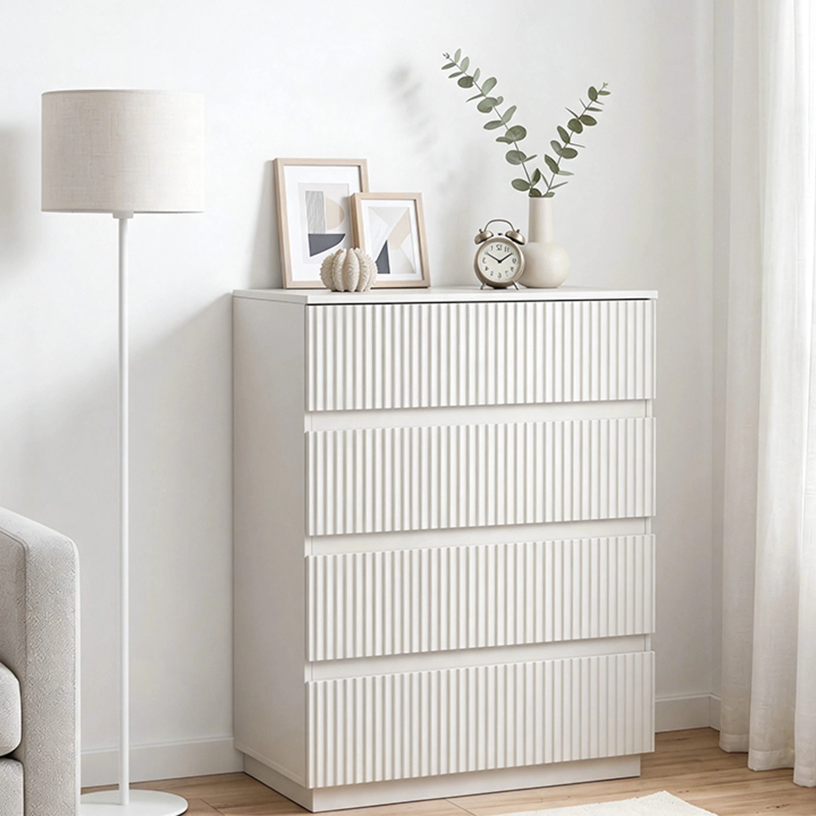 Handleless Grille-Finished 4-Drawer Bedside Table P2 Particleboard + MDF & Melamine Veneer + Thermoformed Drawer Dresser 23.62*14.96*30.71in White view 15