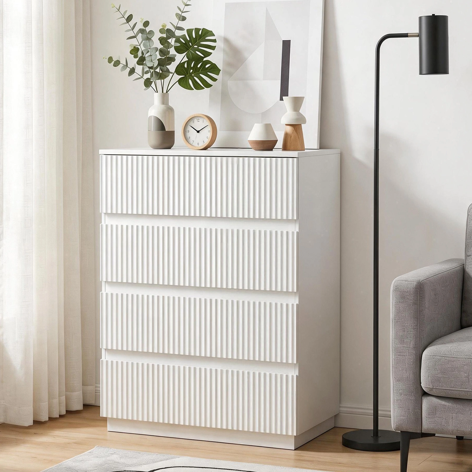 Handleless Grille-Finished 4-Drawer Bedside Table P2 Particleboard + MDF & Melamine Veneer + Thermoformed Drawer Dresser 23.62*14.96*30.71in White view 17