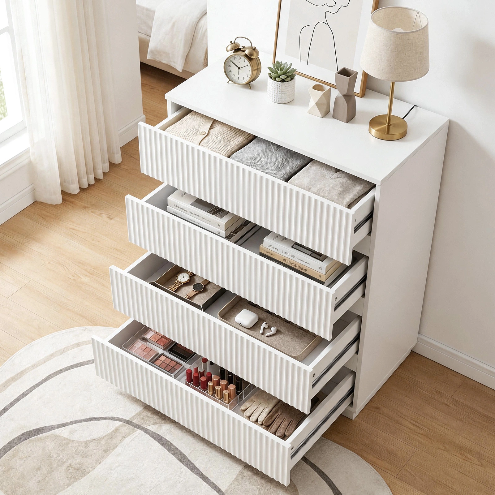 Handleless Grille-Finished 4-Drawer Bedside Table P2 Particleboard + MDF & Melamine Veneer + Thermoformed Drawer Dresser 23.62*14.96*30.71in White view 18