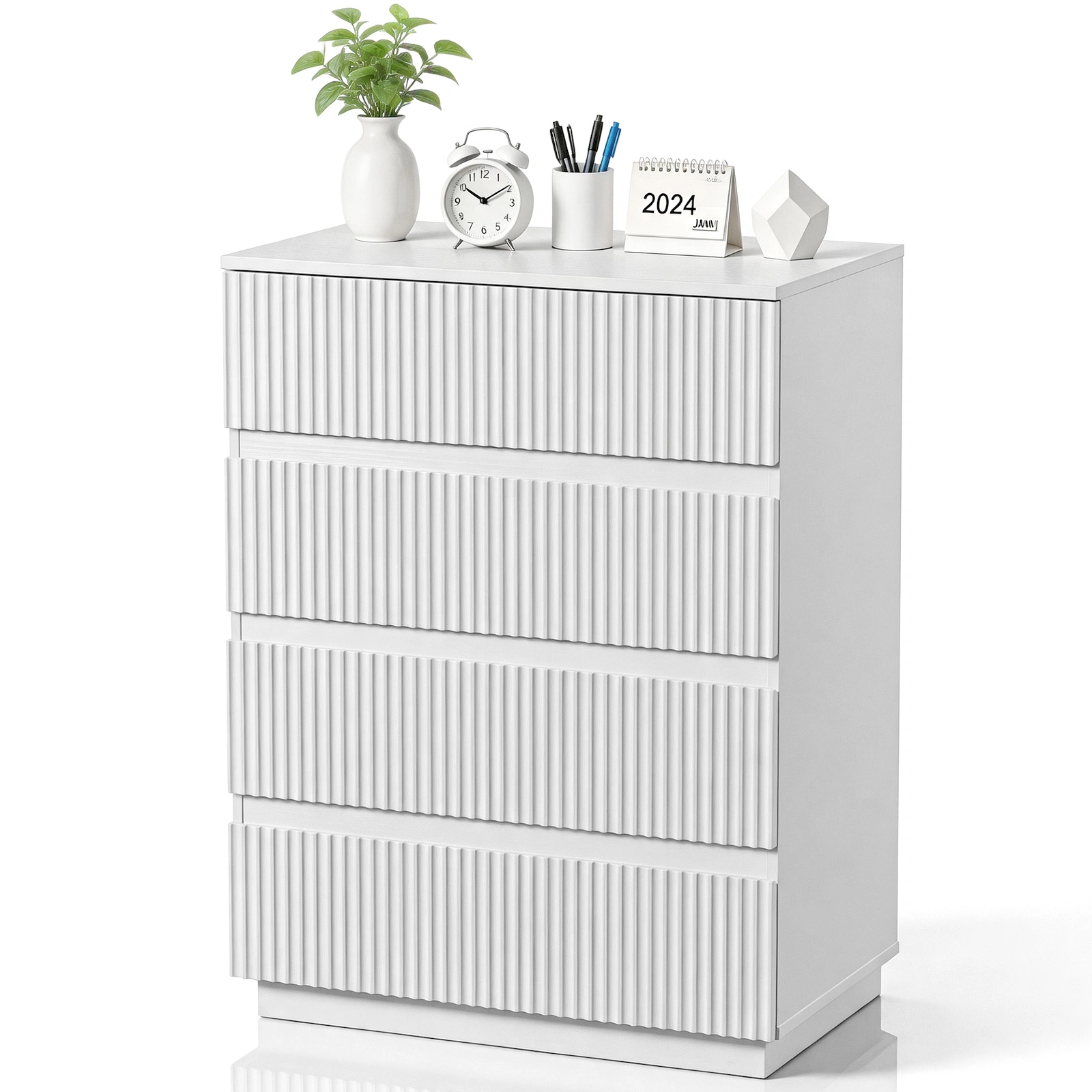 Handleless Grille-Finished 4-Drawer Bedside Table P2 Particleboard + MDF & Melamine Veneer + Thermoformed Drawer Dresser 23.62*14.96*30.71in White view 4