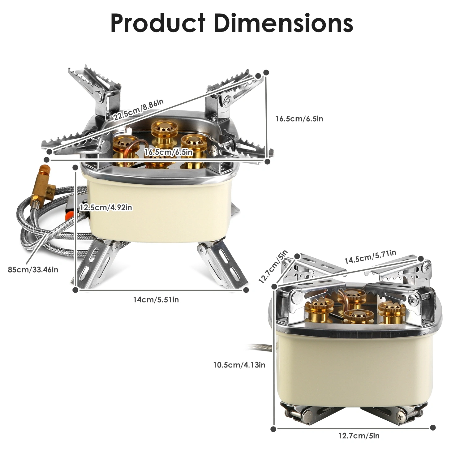 13KW Stepless Adjustable Camping Gas Stove Windproof 5 Burner Head Copper Preheating Tube, Piezo Ignition Compatible with Butane Propane ISO Canister Foldable Design with 33.5in Hose Storage Bag view 11