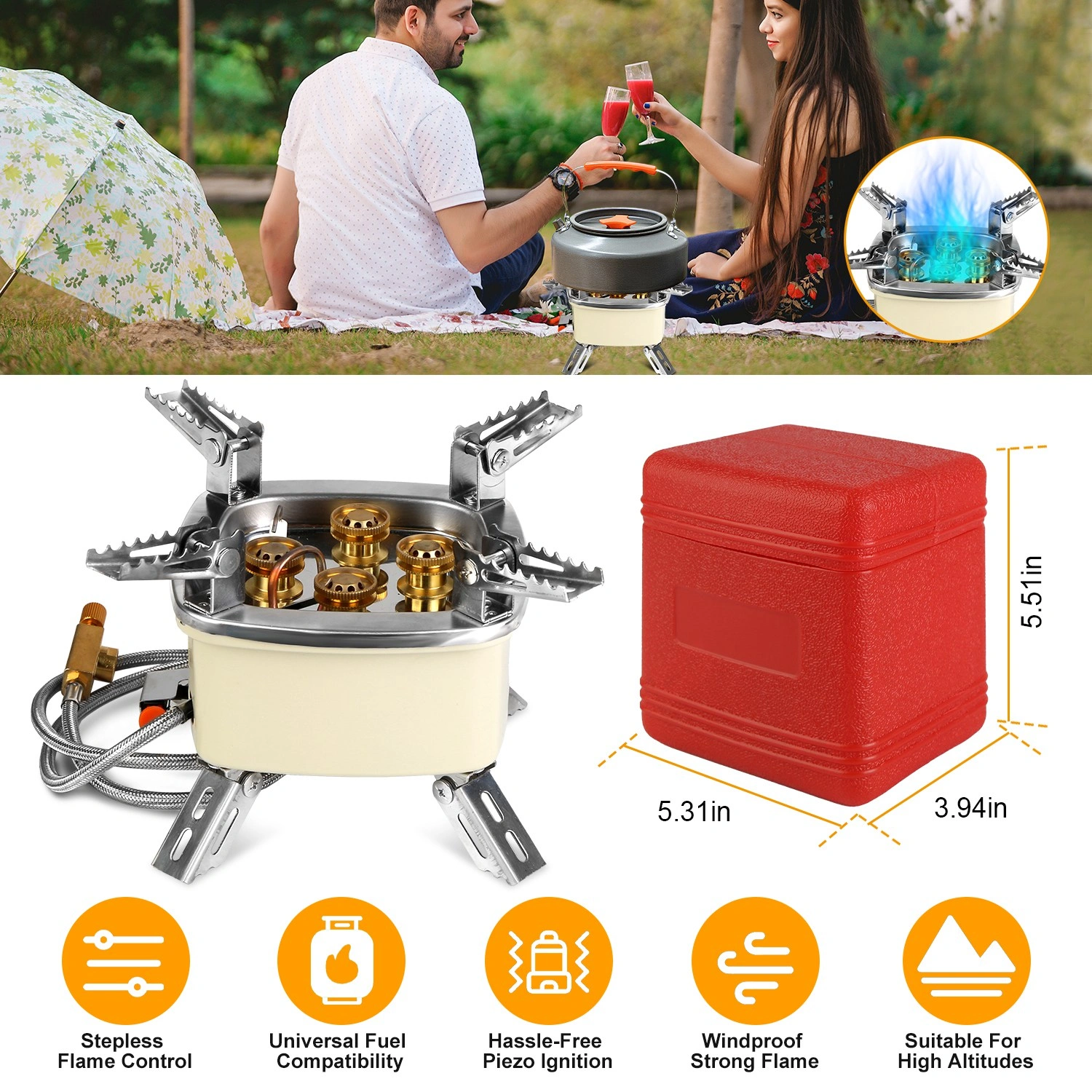 13KW Stepless Adjustable Camping Gas Stove Windproof 5 Burner Head Copper Preheating Tube, Piezo Ignition Compatible with Butane Propane ISO Canister Foldable Design with 33.5in Hose Storage Bag view 12
