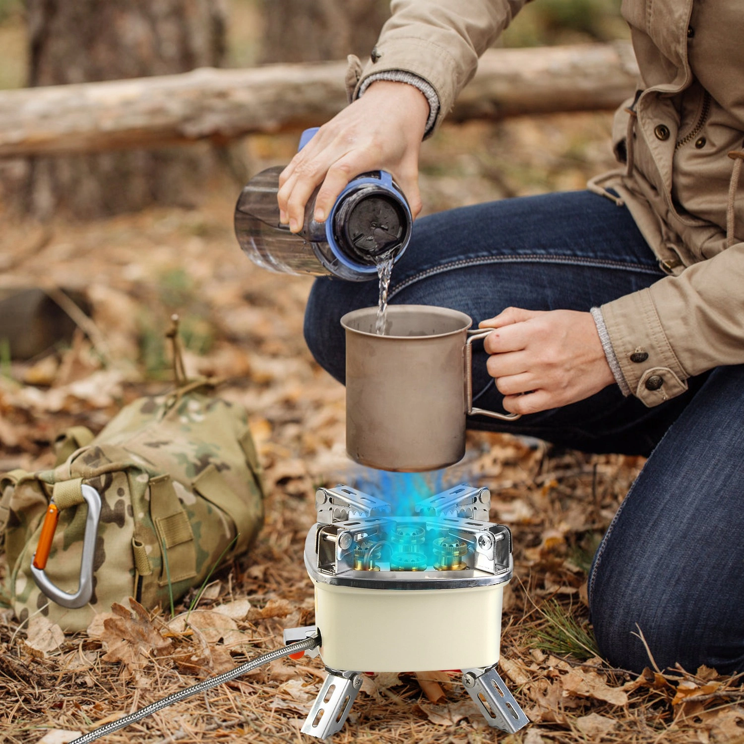 13KW Stepless Adjustable Camping Gas Stove Windproof 5 Burner Head Copper Preheating Tube, Piezo Ignition Compatible with Butane Propane ISO Canister Foldable Design with 33.5in Hose Storage Bag view 7