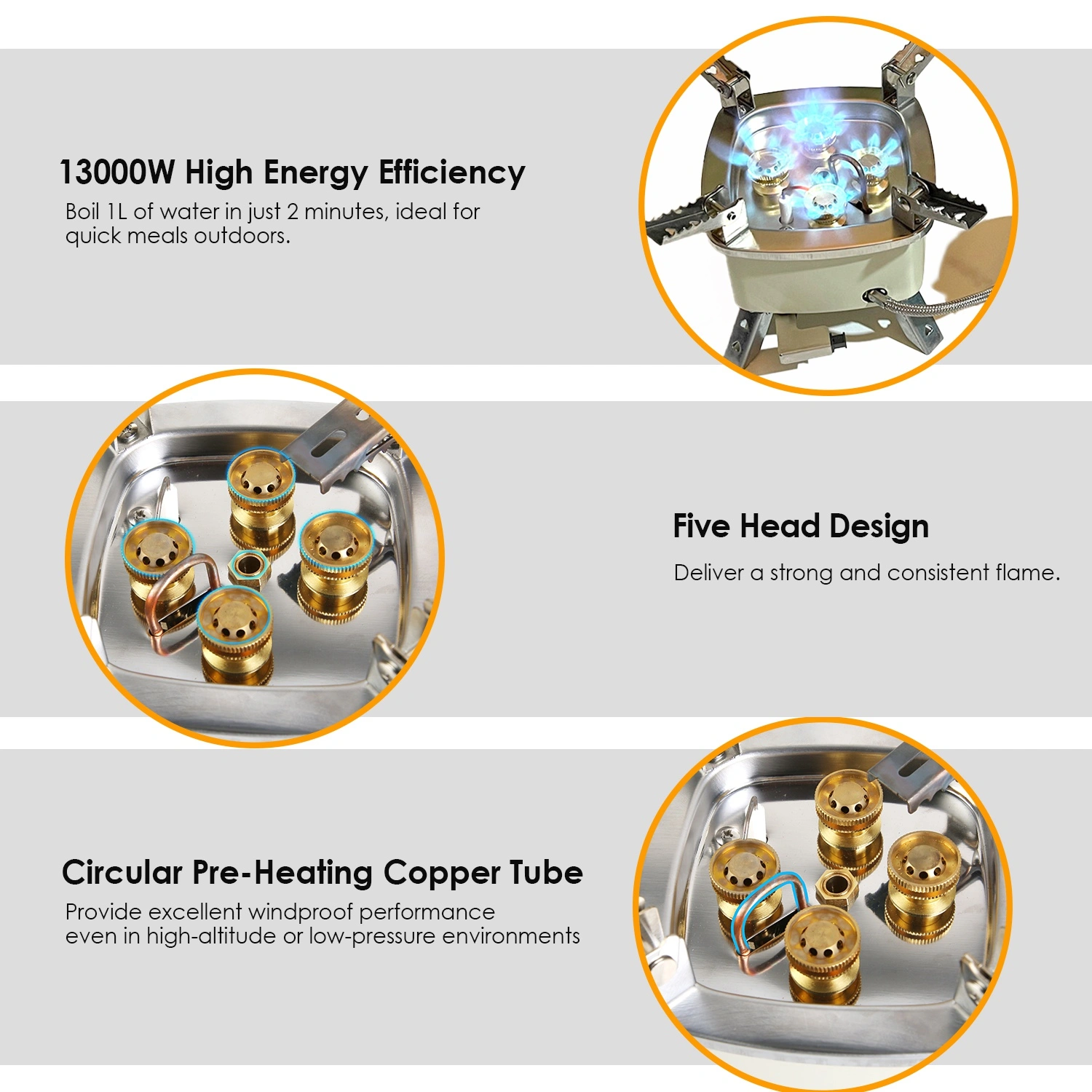 13KW Stepless Adjustable Camping Gas Stove Windproof 5 Burner Head Copper Preheating Tube, Piezo Ignition Compatible with Butane Propane ISO Canister Foldable Design with 33.5in Hose Storage Bag view 8
